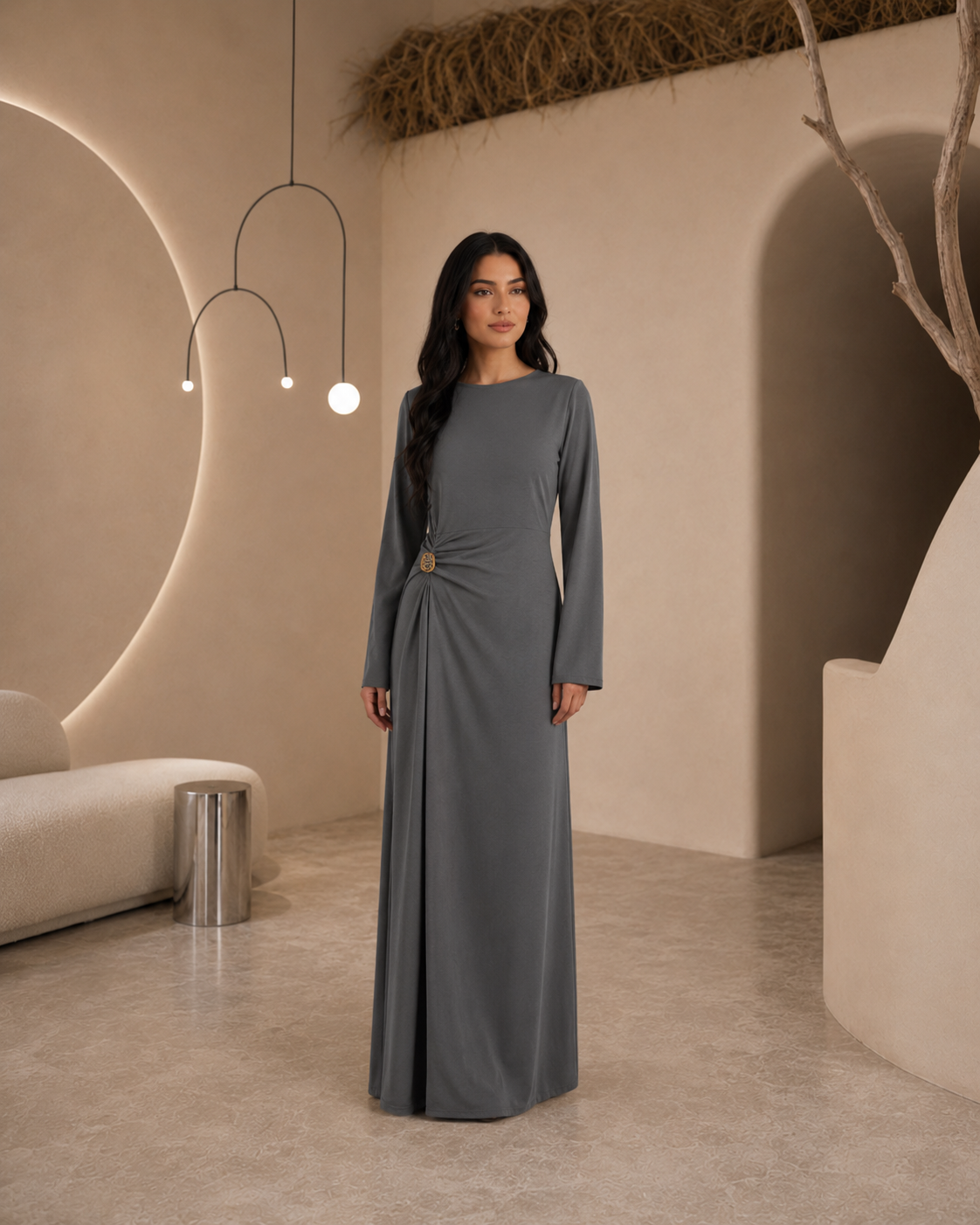 Safa Charcoal Grey Ruched Maxi Dress