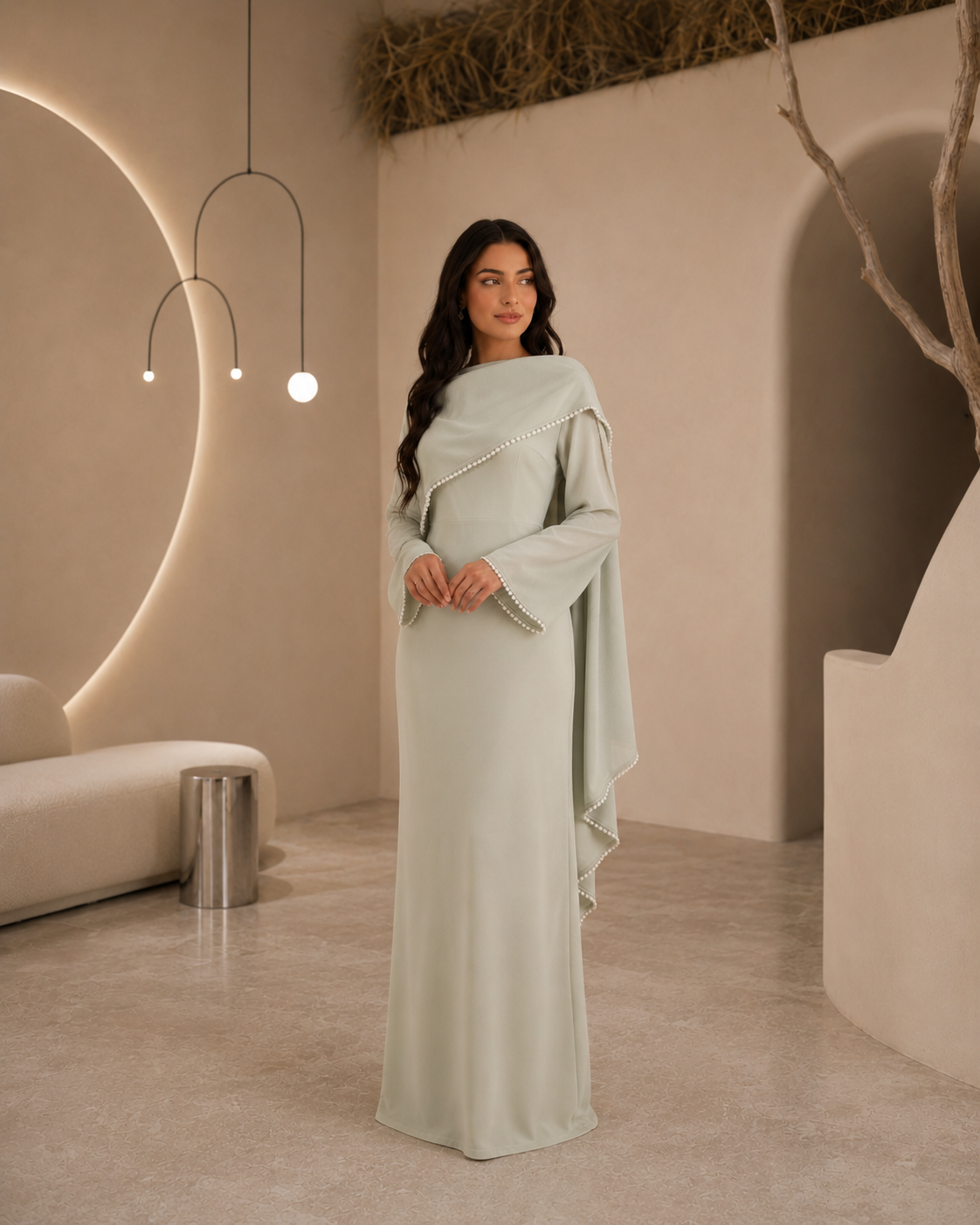 Mira Pastel Green Pearl Cape Abaya