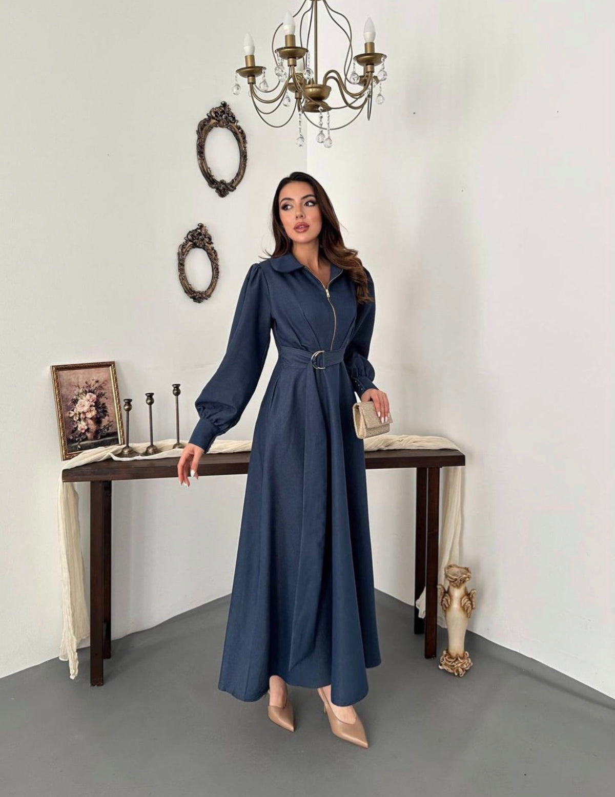 D Ring Belt Cotton Denim Zip Front Maxi Dress