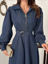 D Ring Belt Cotton Denim Zip Front Maxi Dress