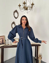 D Ring Belt Cotton Denim Zip Front Maxi Dress