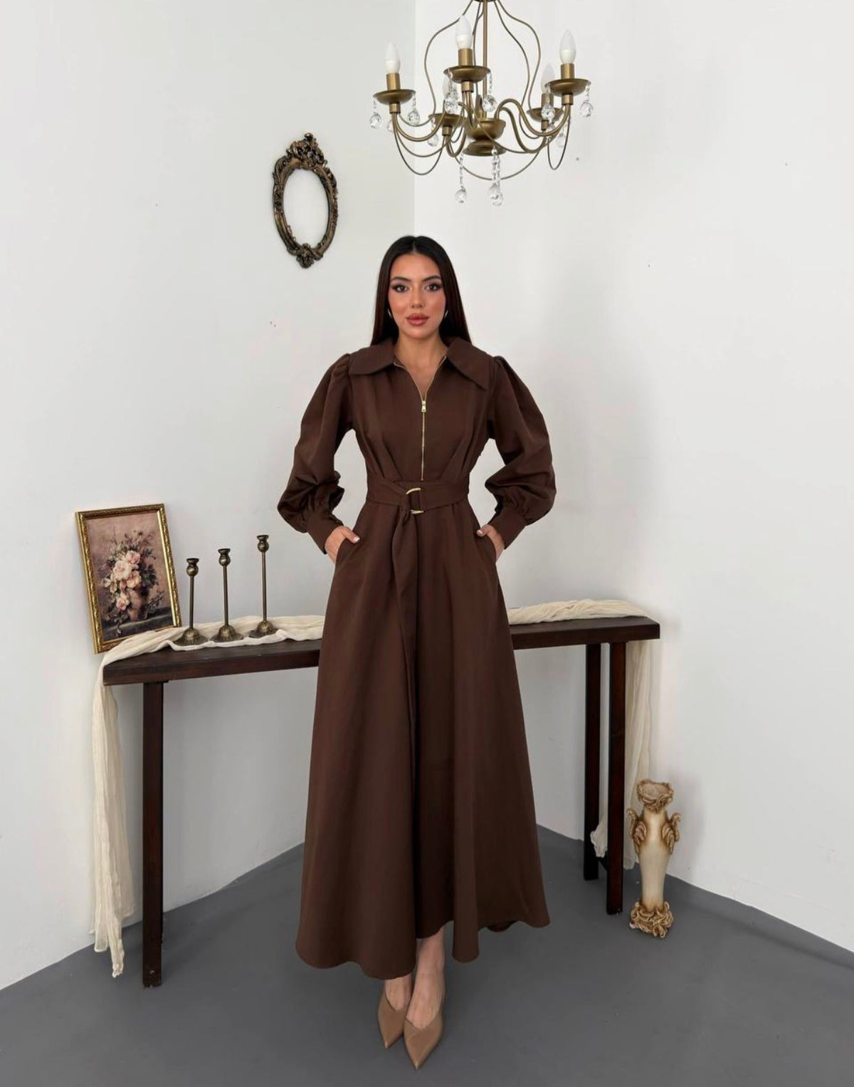 D Ring Belt Cotton Denim Zip Front Maxi Dress