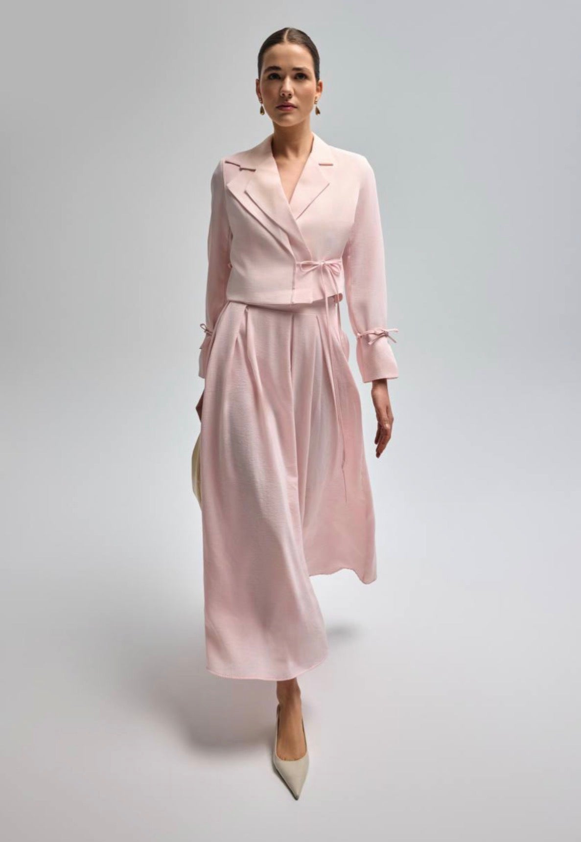 Tie Waist Cotton Blazer and Pleated Maxi Skirt Set