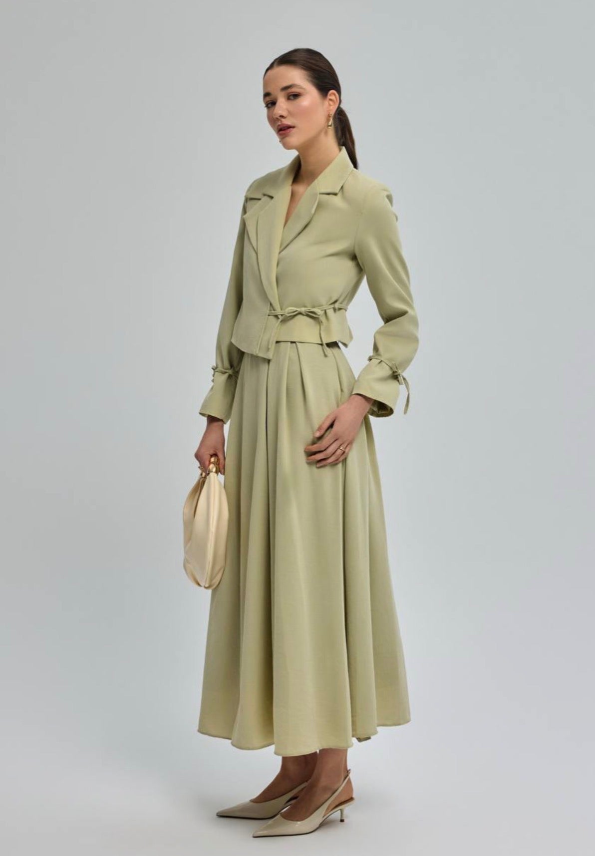 Tie Waist Cotton Blazer and Pleated Maxi Skirt Set