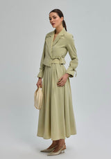 Tie Waist Cotton Blazer and Pleated Maxi Skirt Set