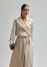 Tie Waist Cotton Blazer and Pleated Maxi Skirt Set