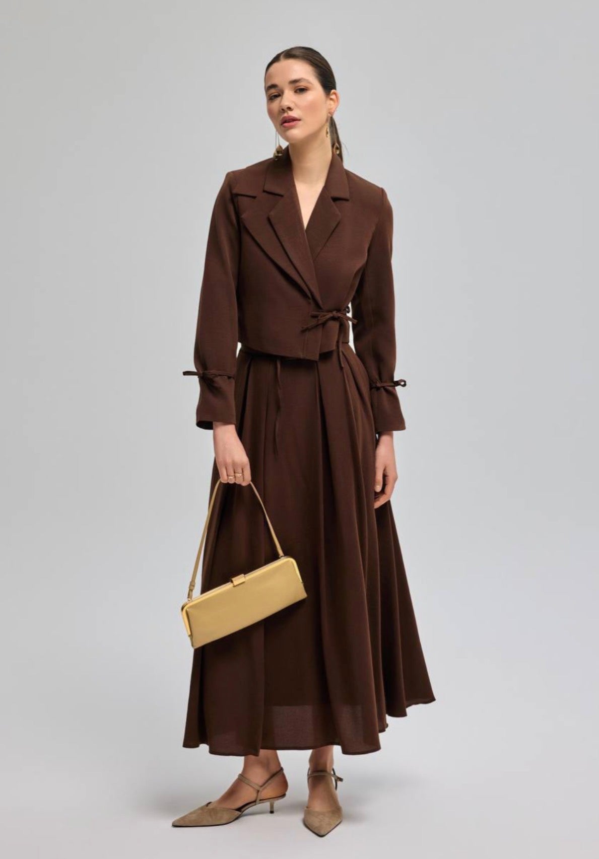Tie Waist Cotton Blazer and Pleated Maxi Skirt Set