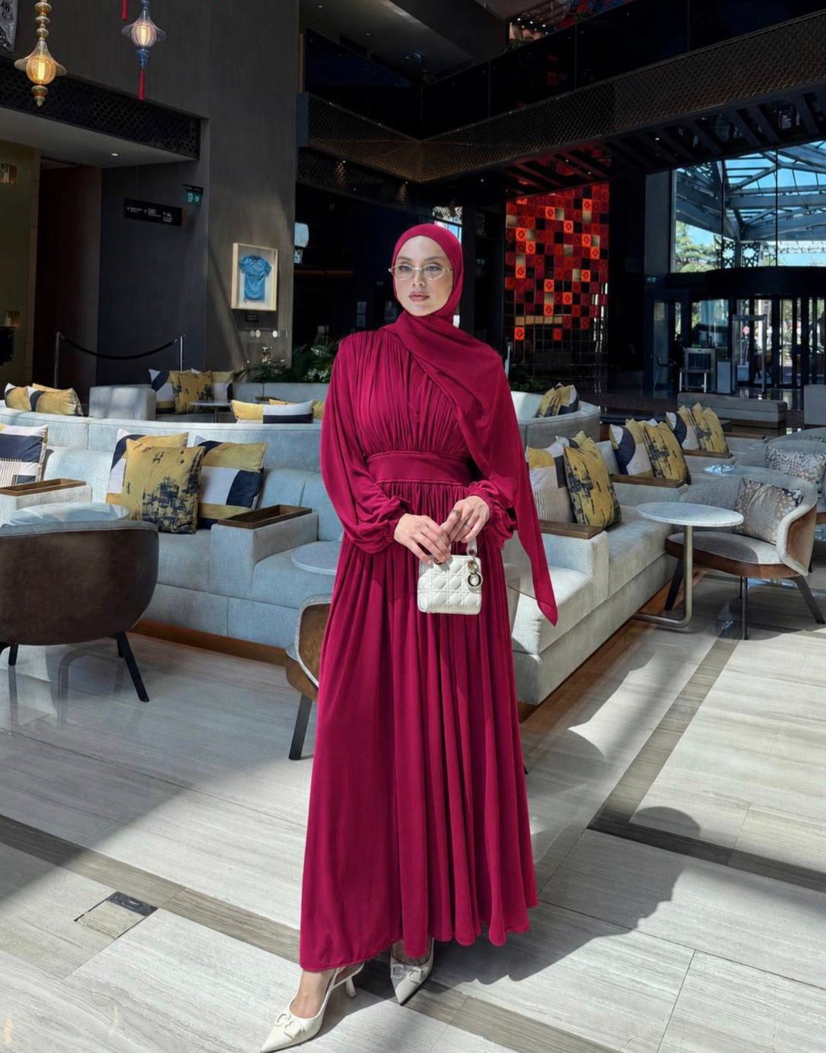 Draped Bodice Balloon Sleeve Cotton Maxi Dress