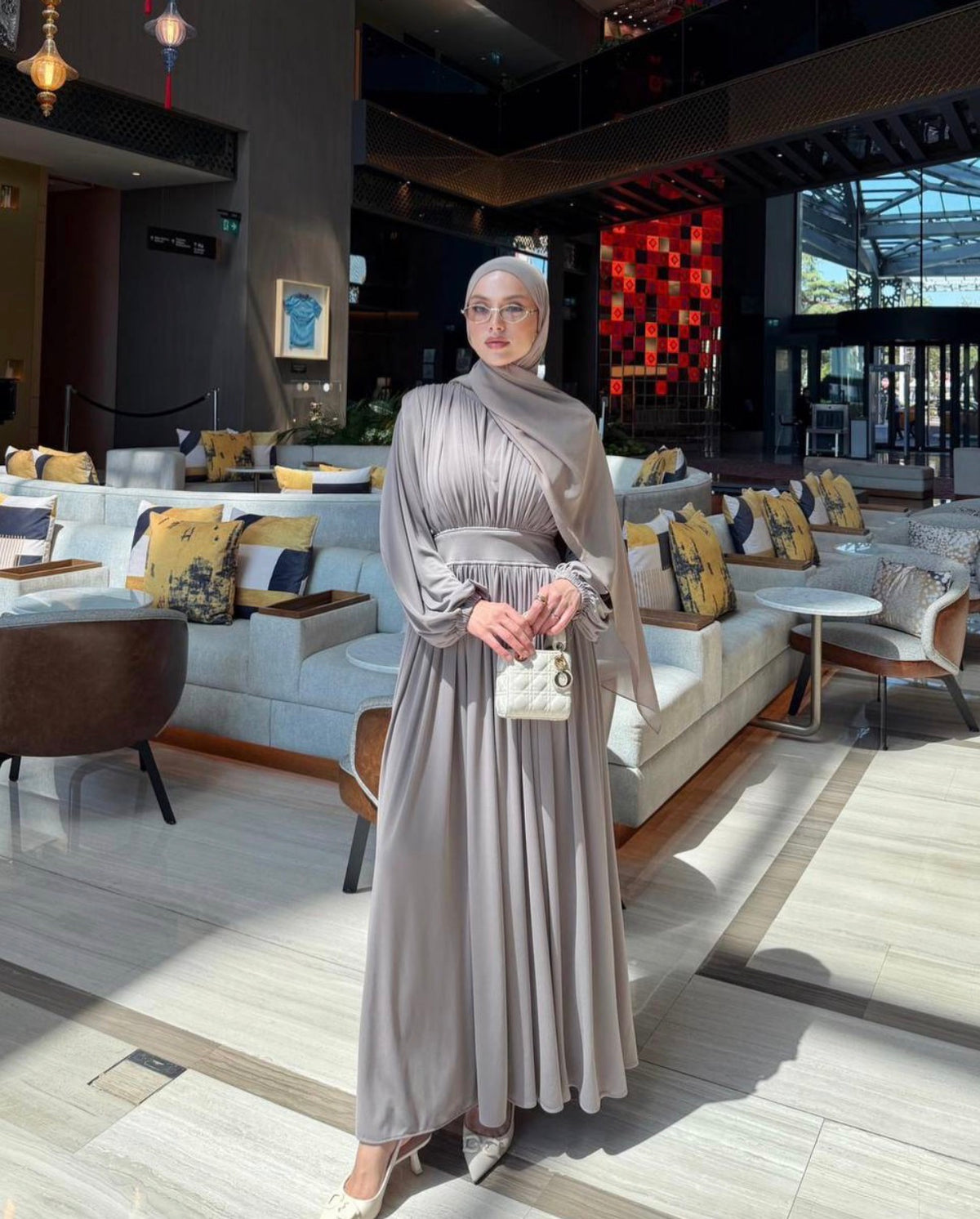Draped Bodice Balloon Sleeve Cotton Maxi Dress