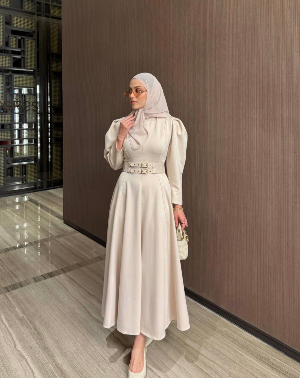 Double Buckle Belted Cotton Mix Maxi Dress