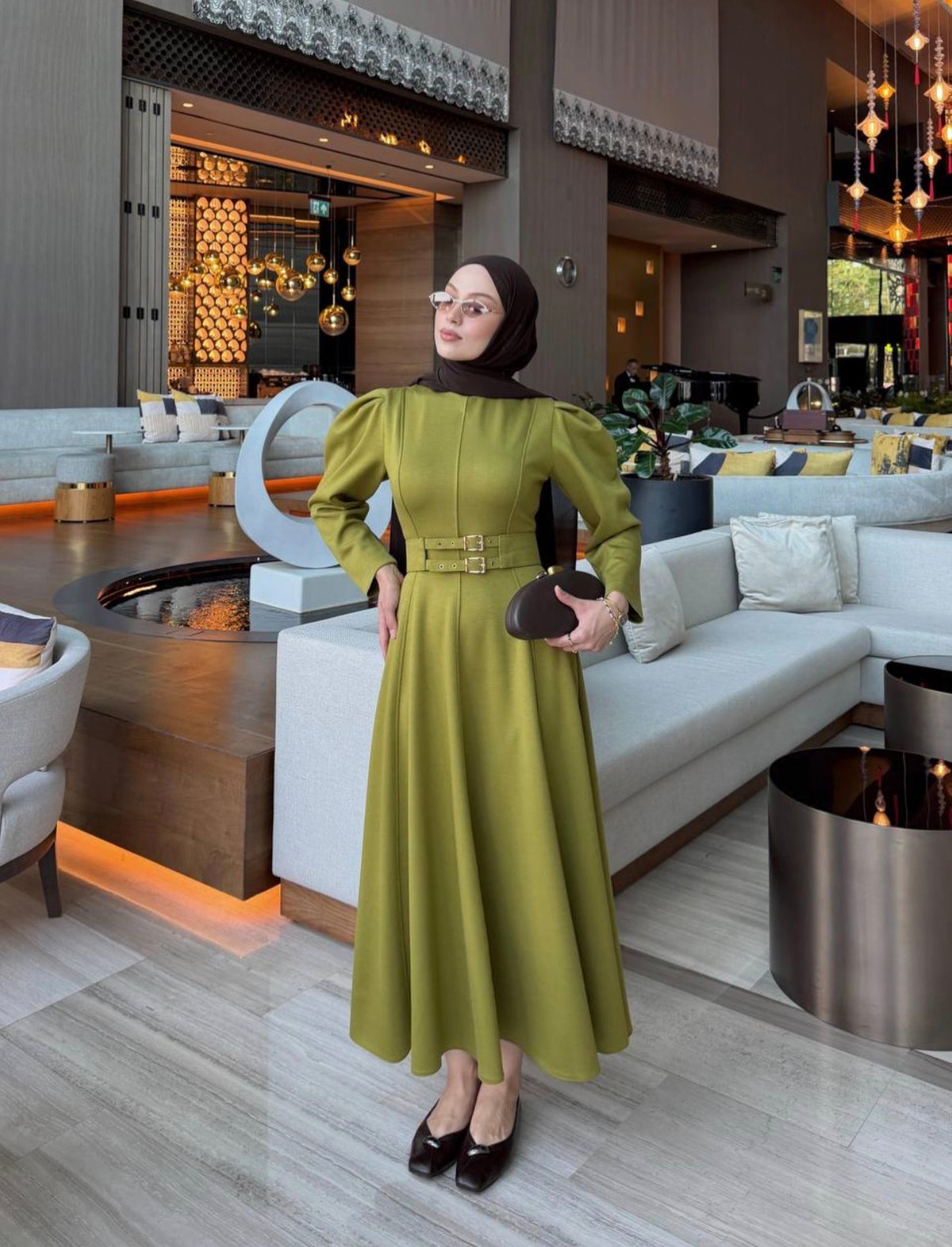 Double Buckle Belted Cotton Mix Maxi Dress