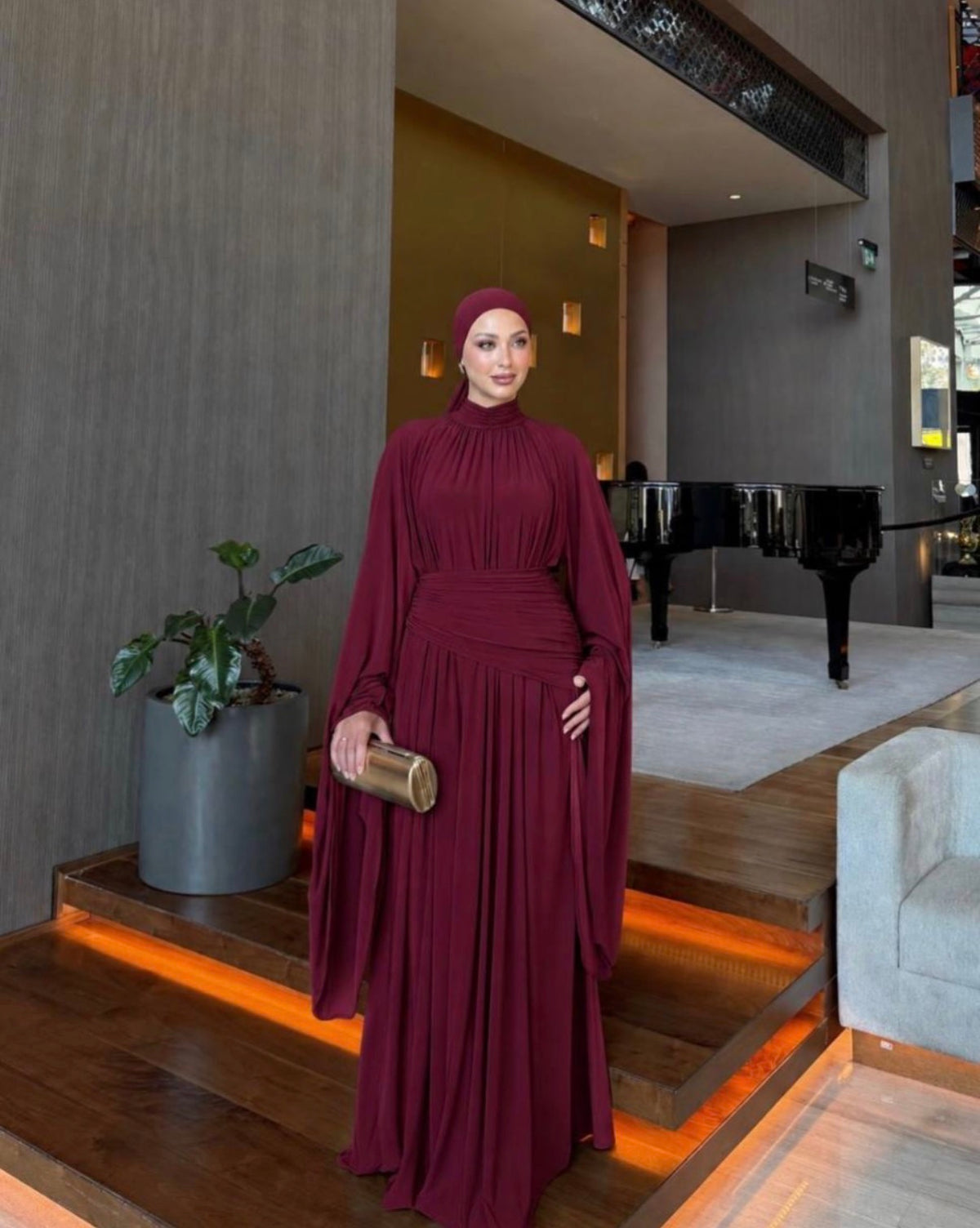 Ruched Waist Cape Sleeve Cotton Maxi Dress