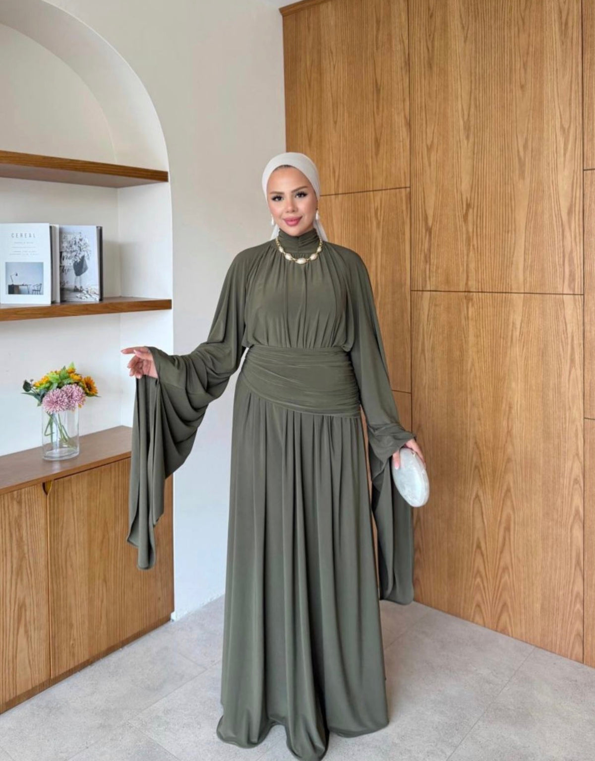 Ruched Waist Cape Sleeve Cotton Maxi Dress