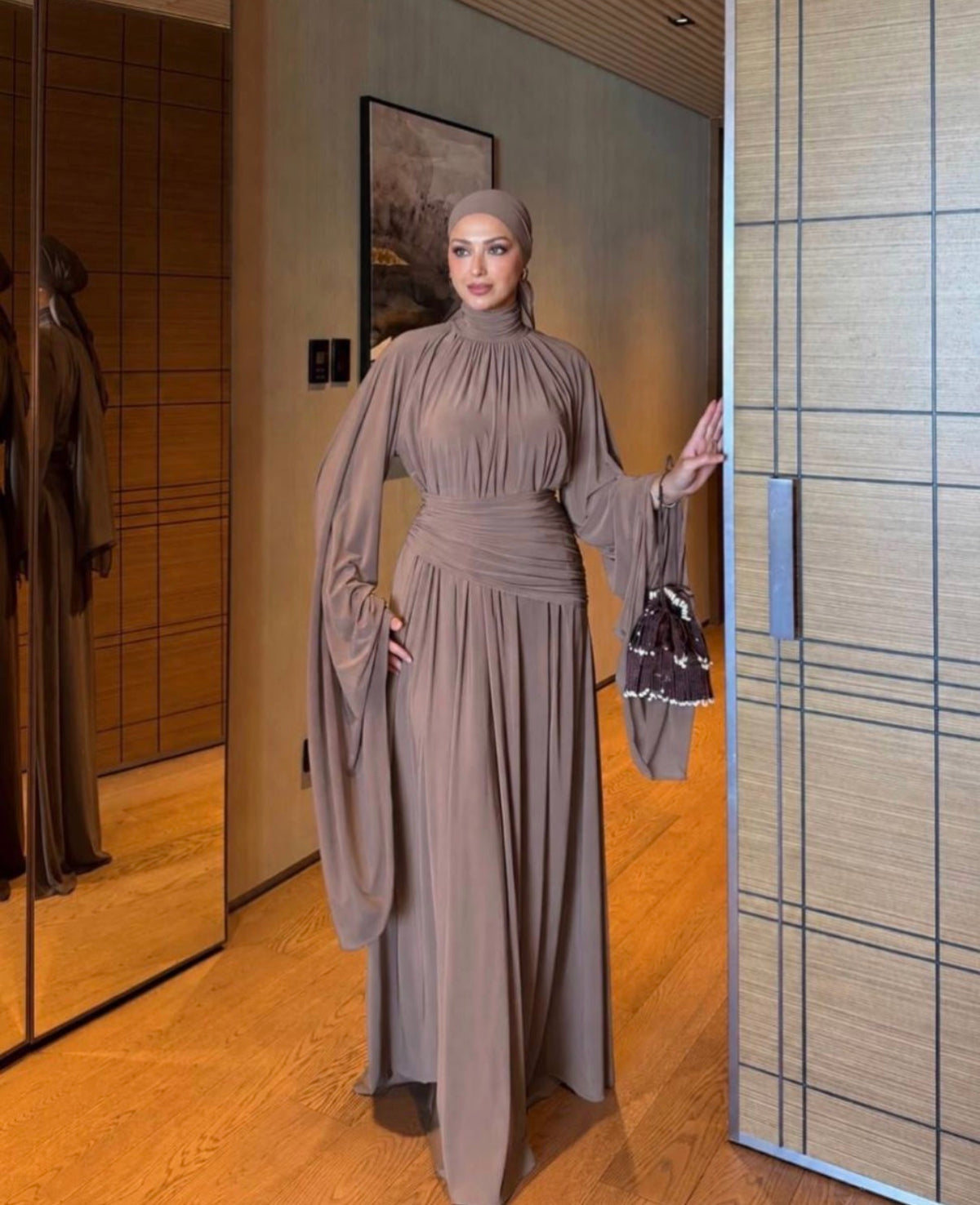 Ruched Waist Cape Sleeve Cotton Maxi Dress