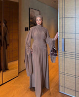 Ruched Waist Cape Sleeve Cotton Maxi Dress