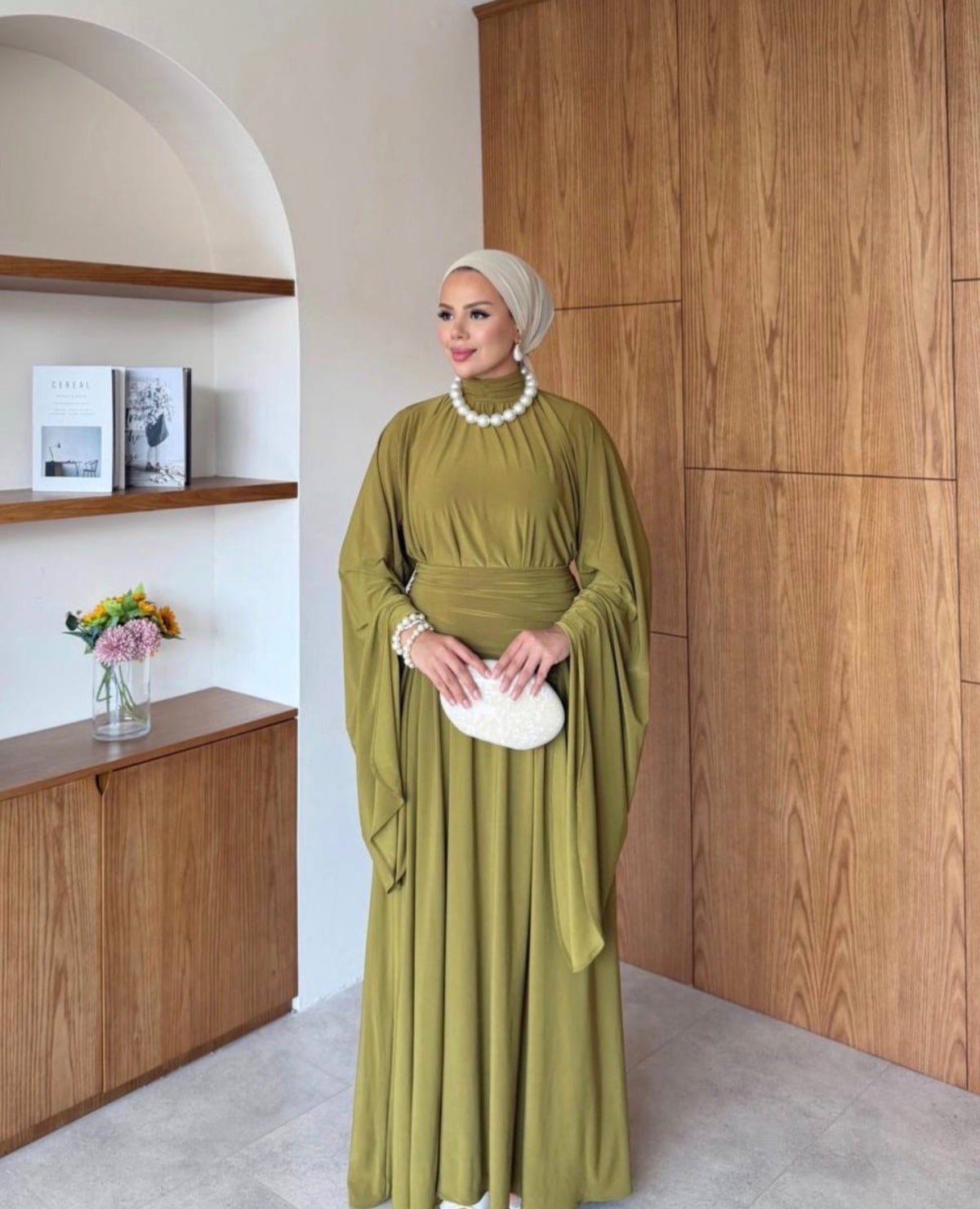 Ruched Waist Cape Sleeve Cotton Maxi Dress