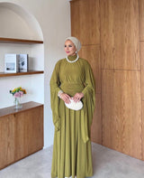Ruched Waist Cape Sleeve Cotton Maxi Dress