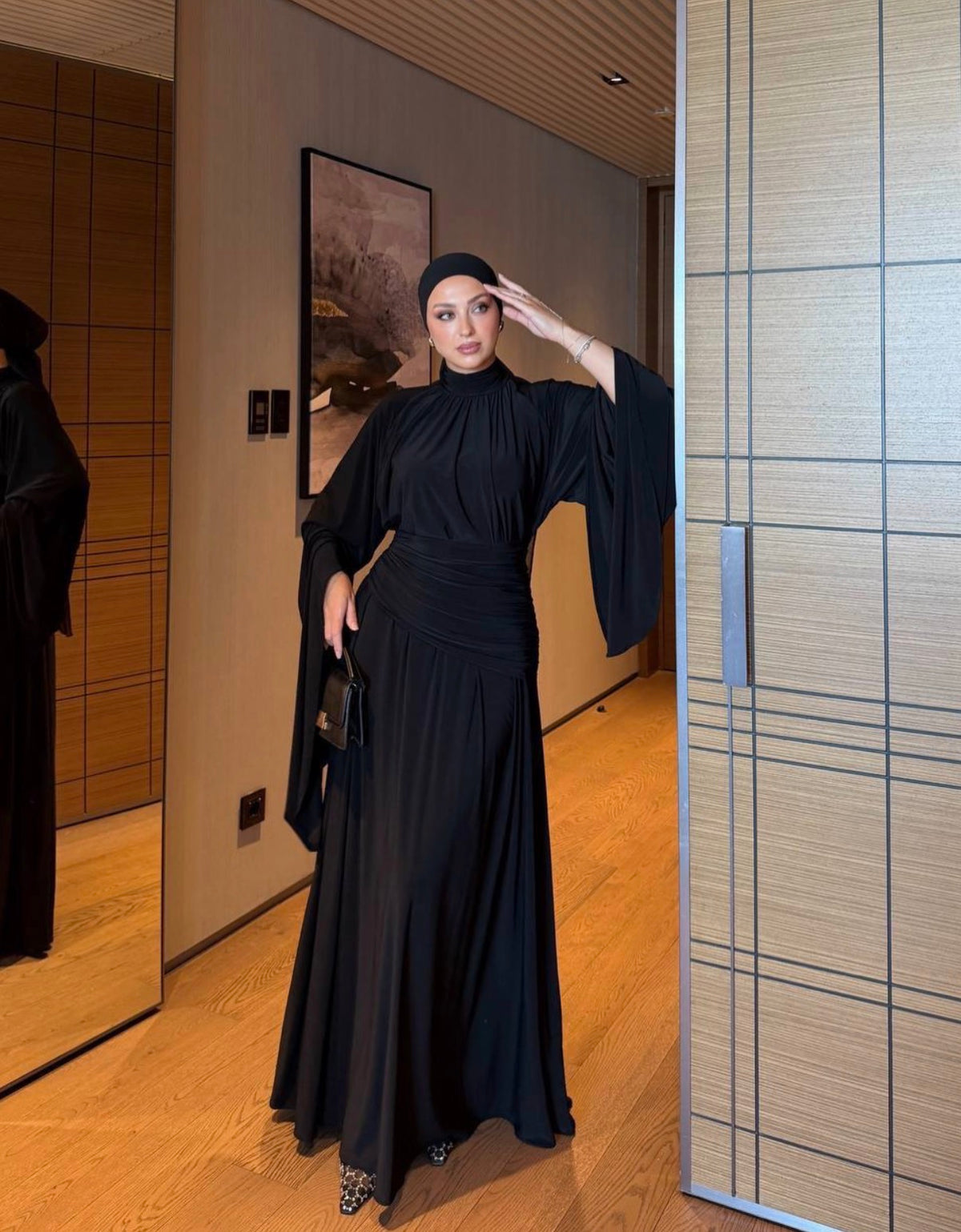 Ruched Waist Cape Sleeve Cotton Maxi Dress