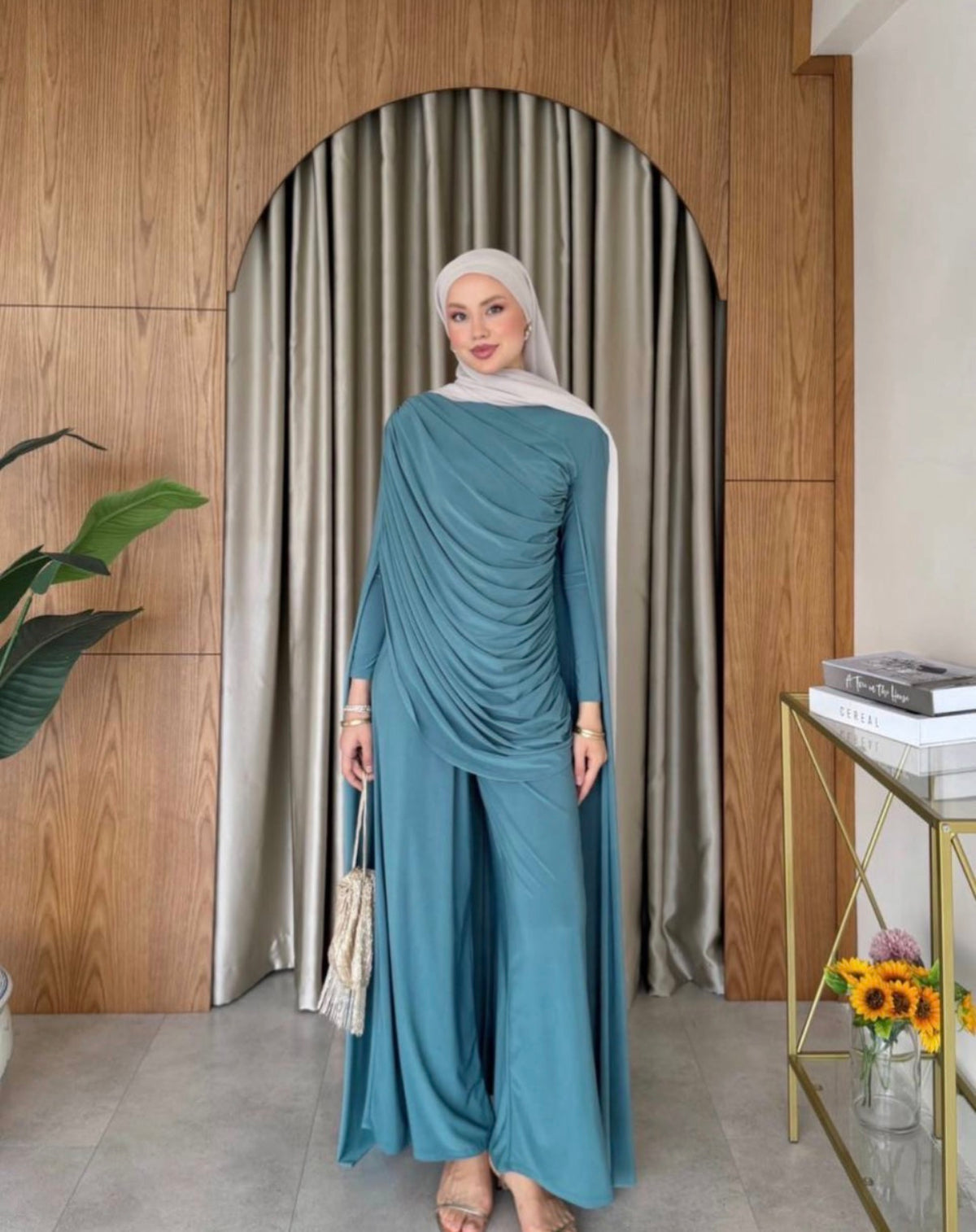 Ruched Cape Top and Wide Leg Cotton Trouser Set