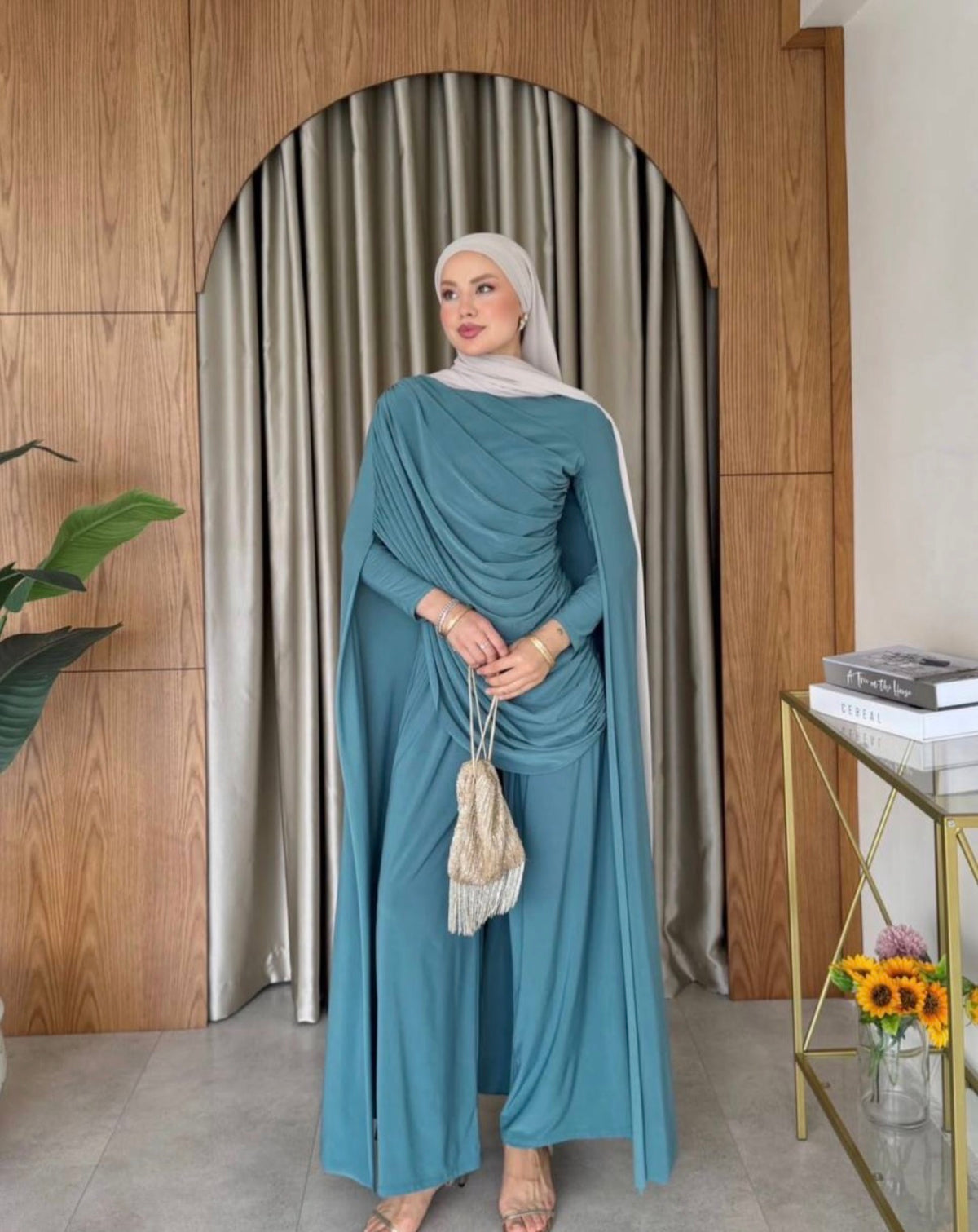 Ruched Cape Top and Wide Leg Cotton Trouser Set