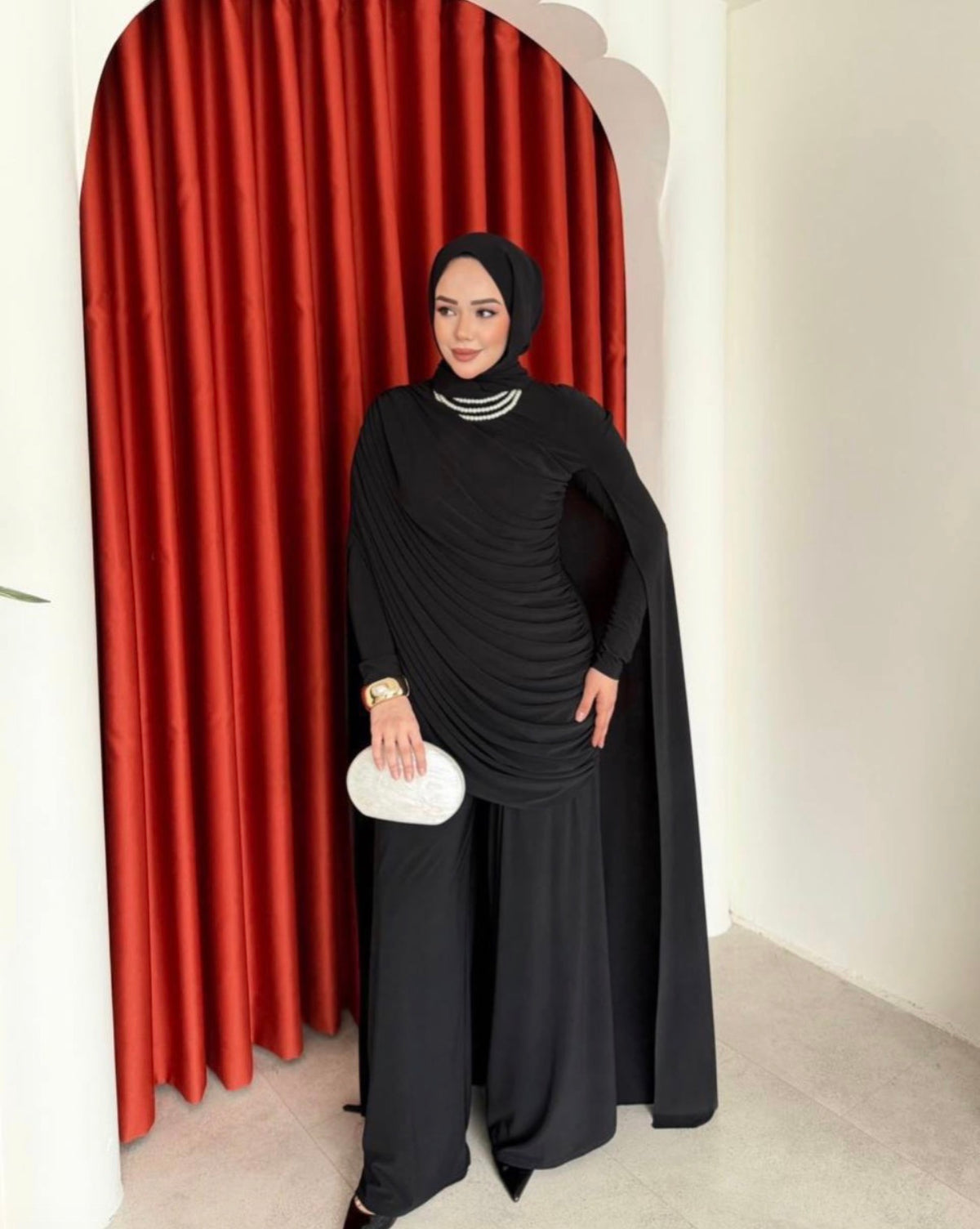 Ruched Cape Top and Wide Leg Cotton Trouser Set