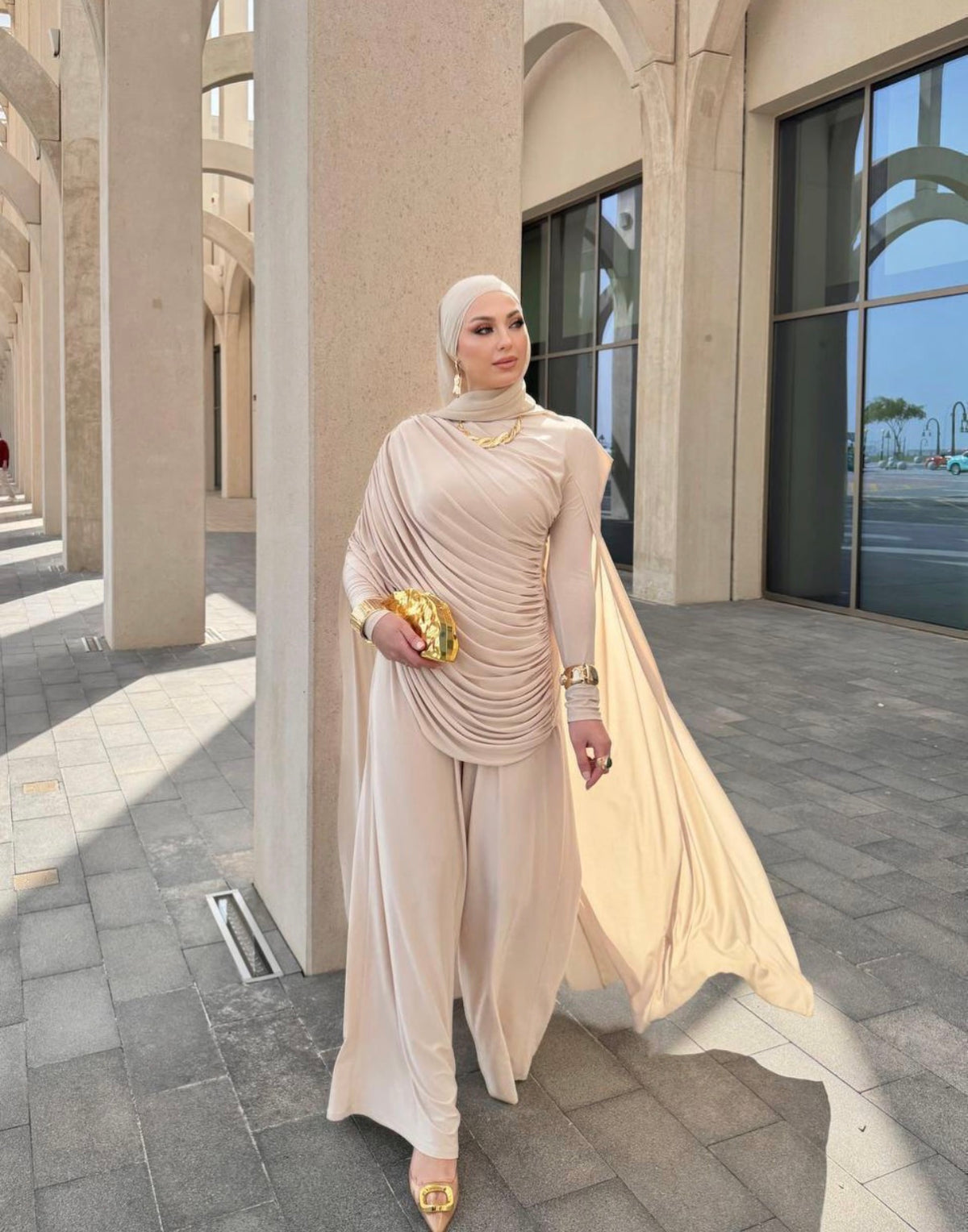 Ruched Cape Top and Wide Leg Cotton Trouser Set