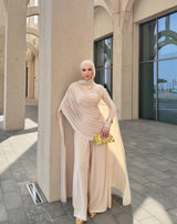 Ruched Cape Top and Wide Leg Cotton Trouser Set