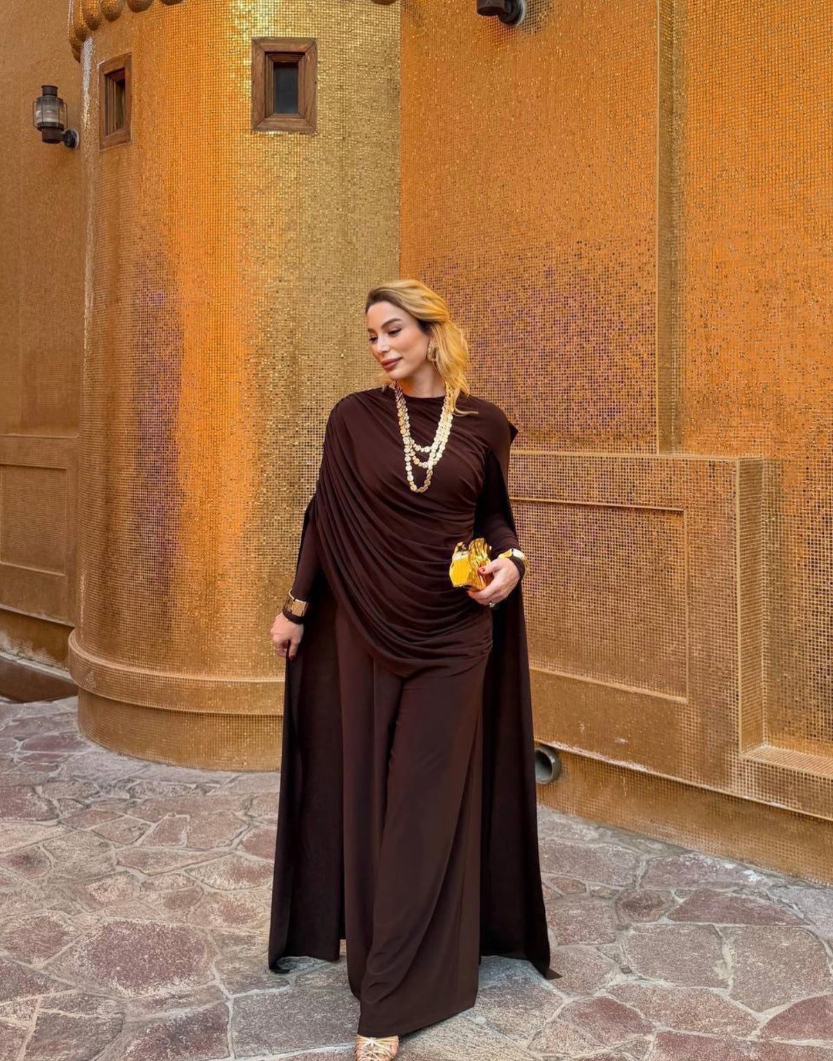 Ruched Cape Top and Wide Leg Cotton Trouser Set