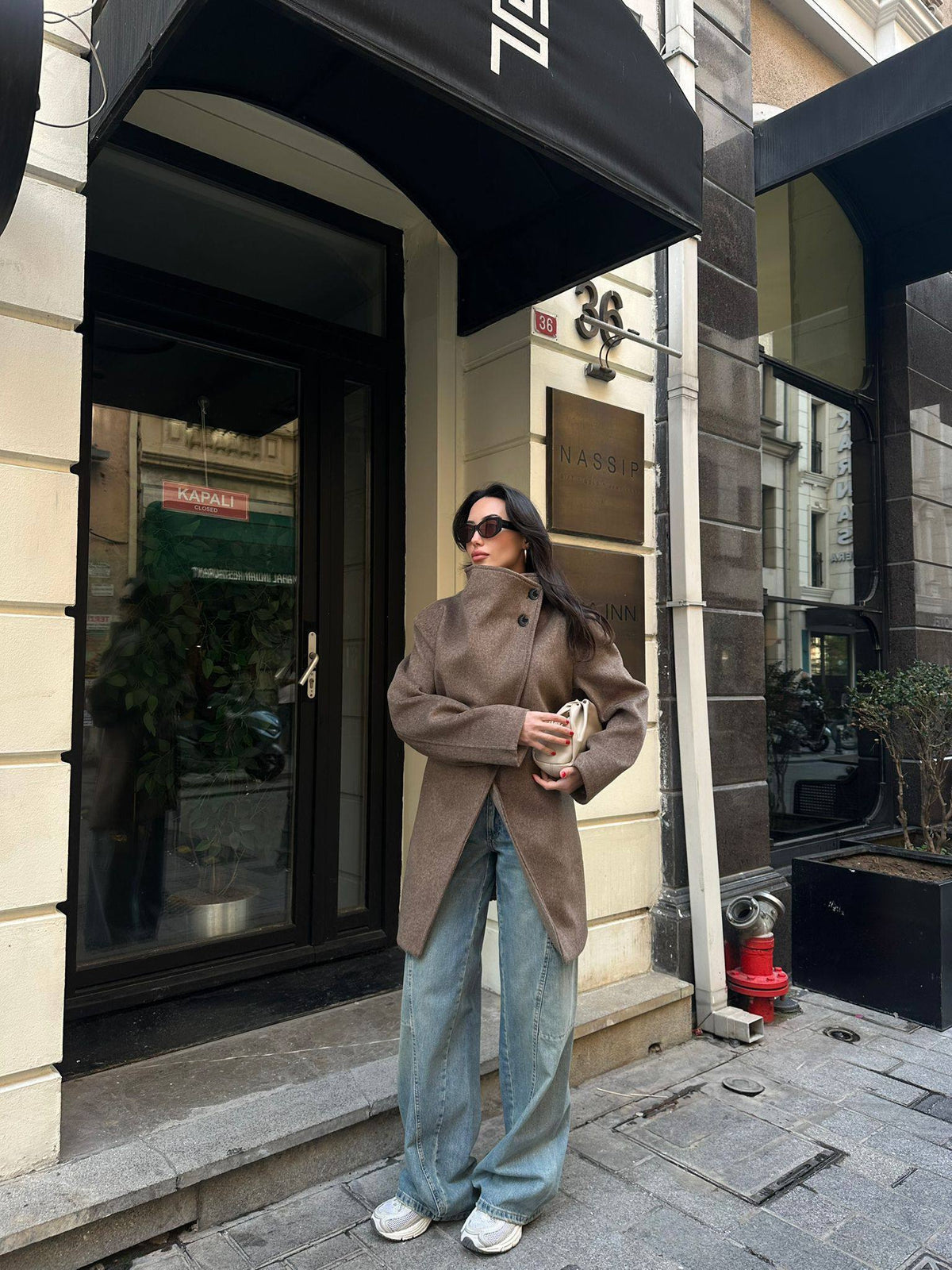 Asymmetric High-Neck Belted Coat