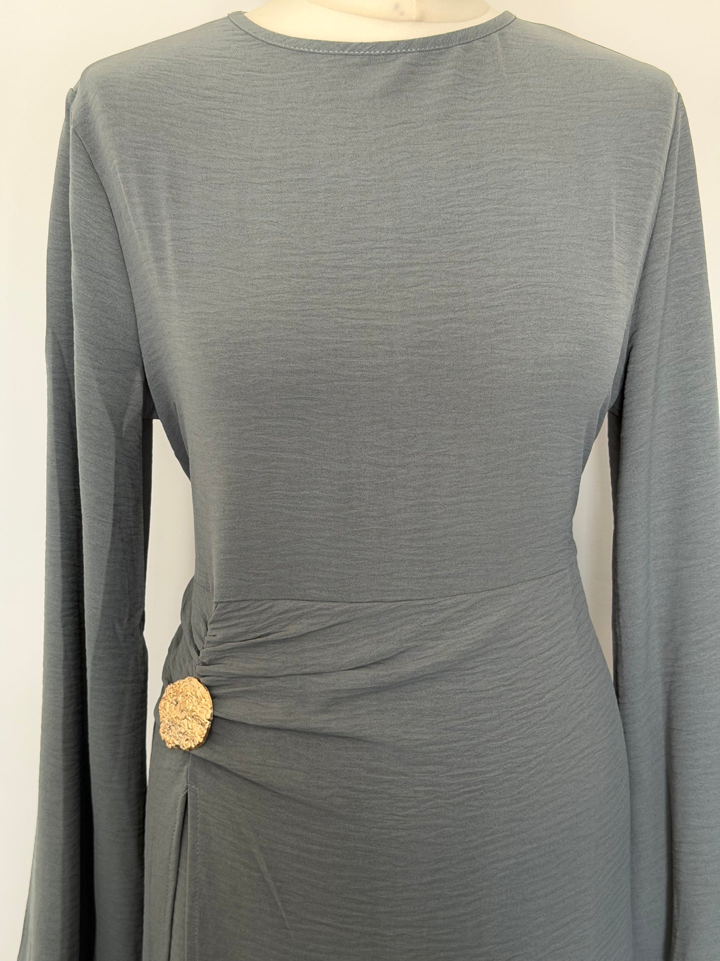 Charcoal Grey Ruched Waist Linen Maxi Dress