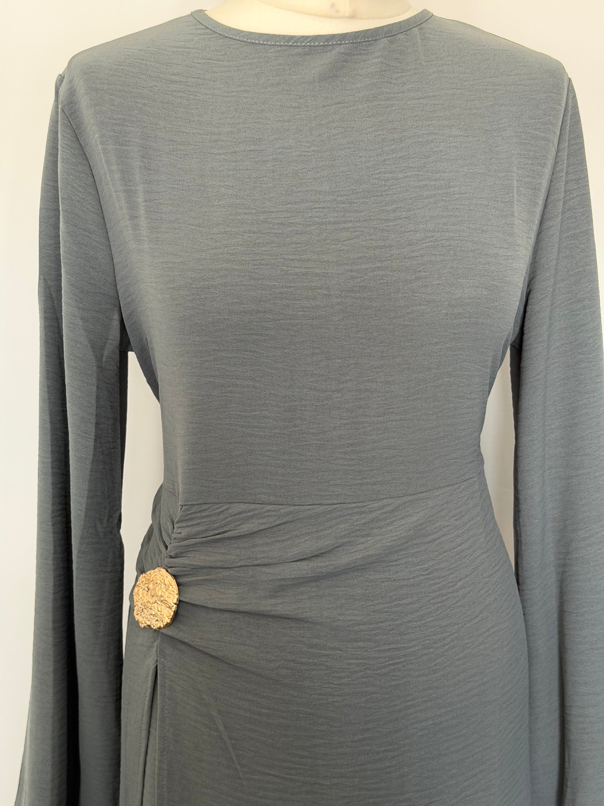 Charcoal Grey Ruched Waist Linen Maxi Dress