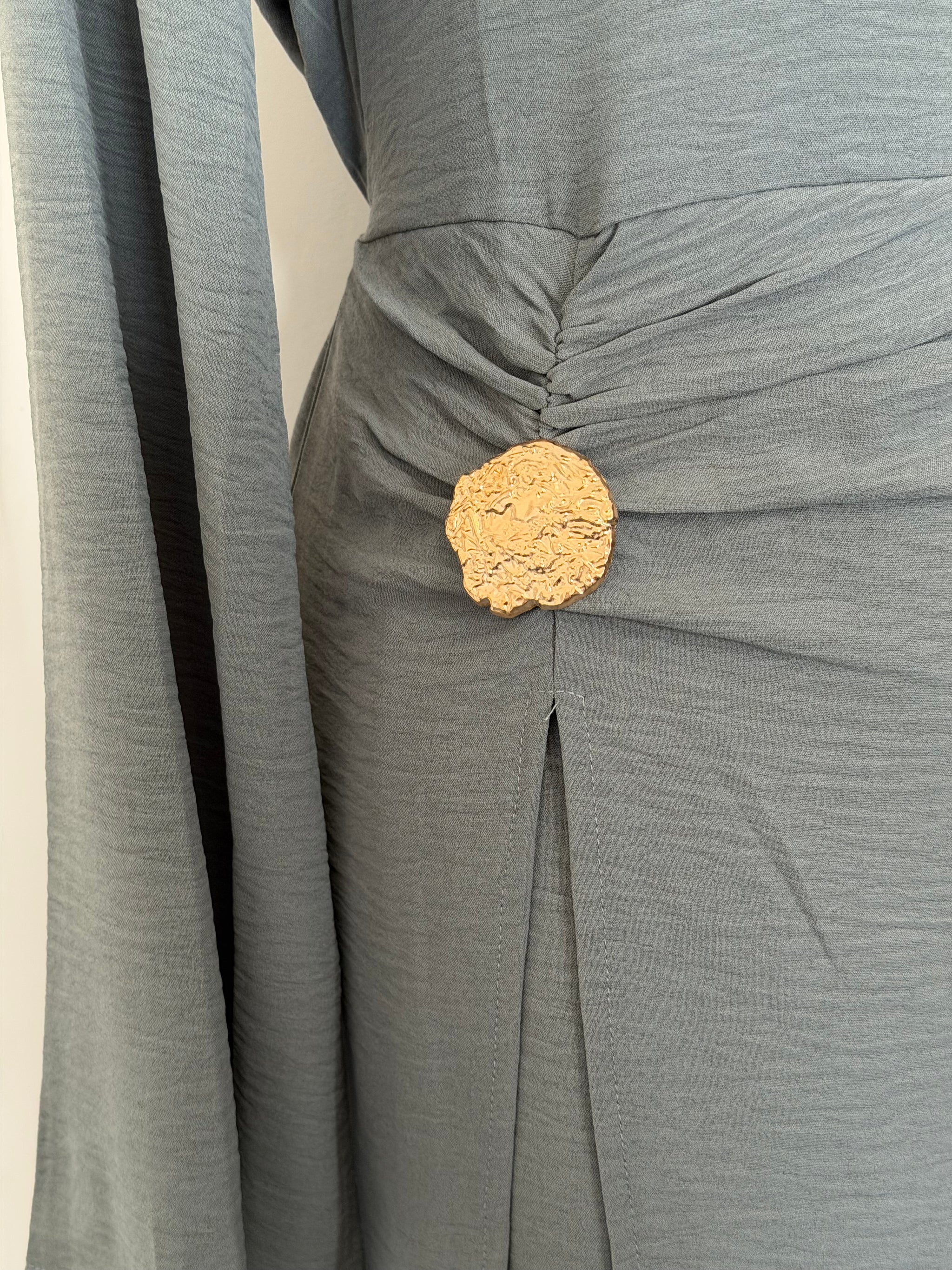 Charcoal Grey Ruched Waist Linen Maxi Dress