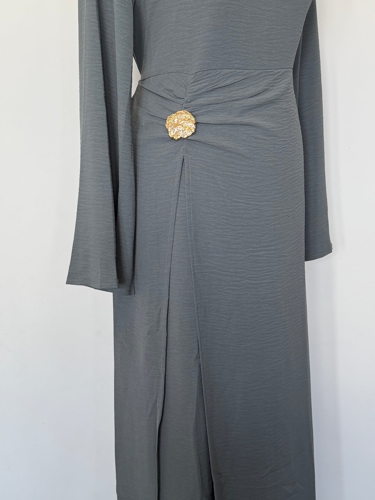 Charcoal Grey Ruched Waist Linen Maxi Dress