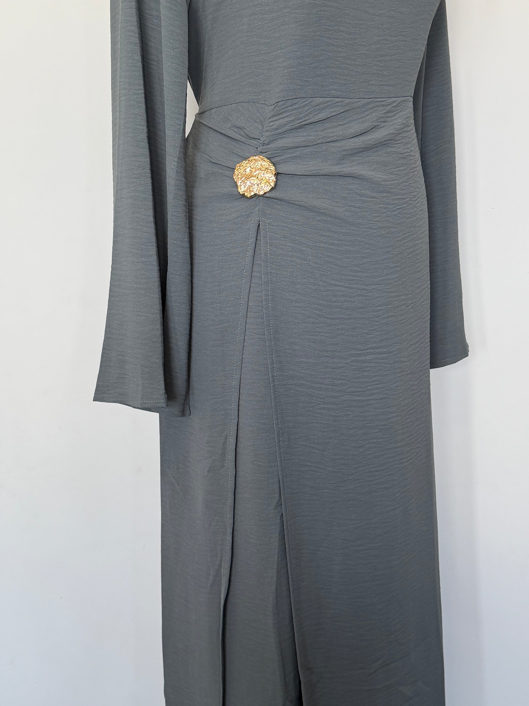 Charcoal Grey Ruched Waist Linen Maxi Dress