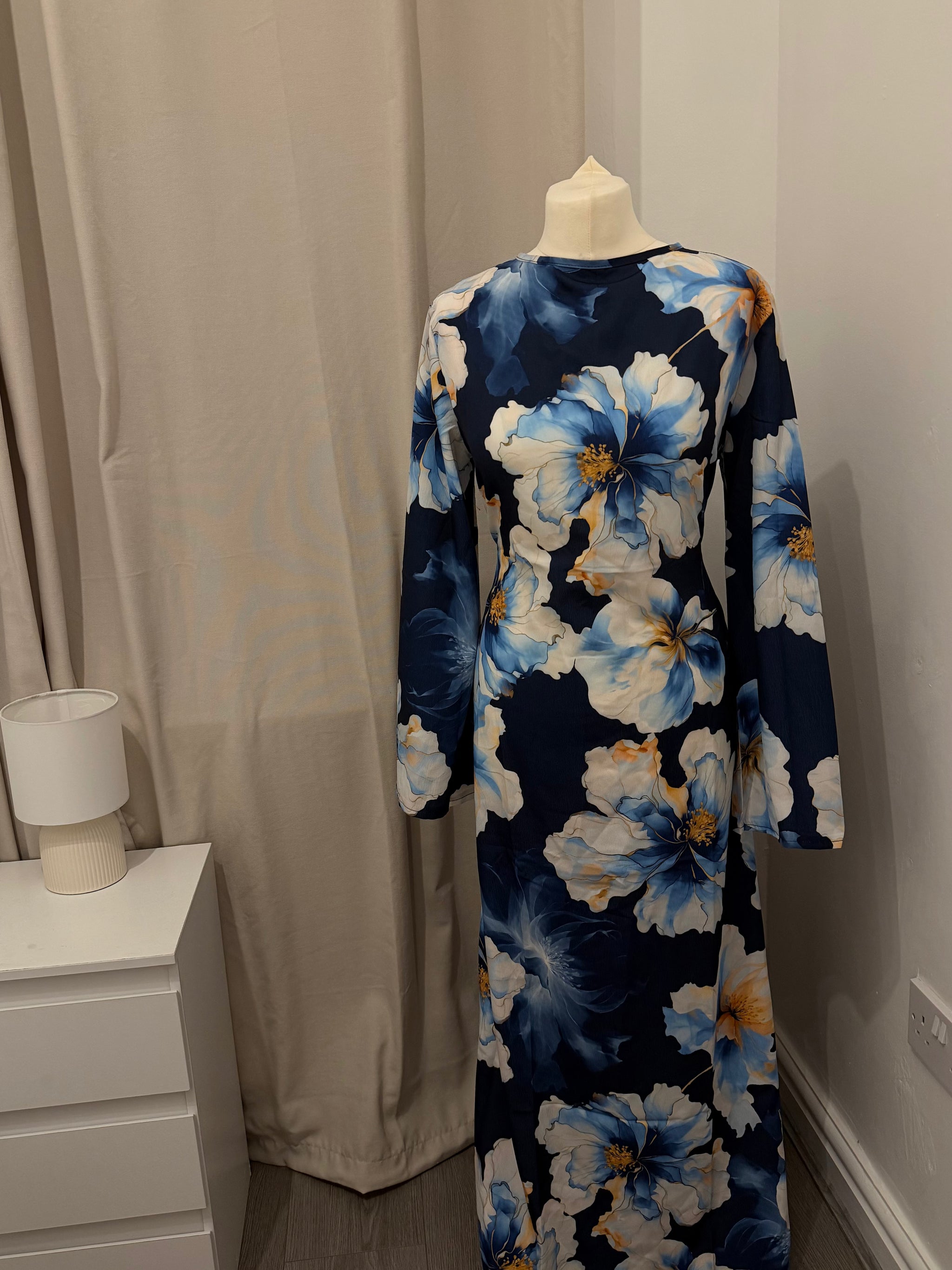 Navy Blue Floral Abaya Dress with Flared Sleeves