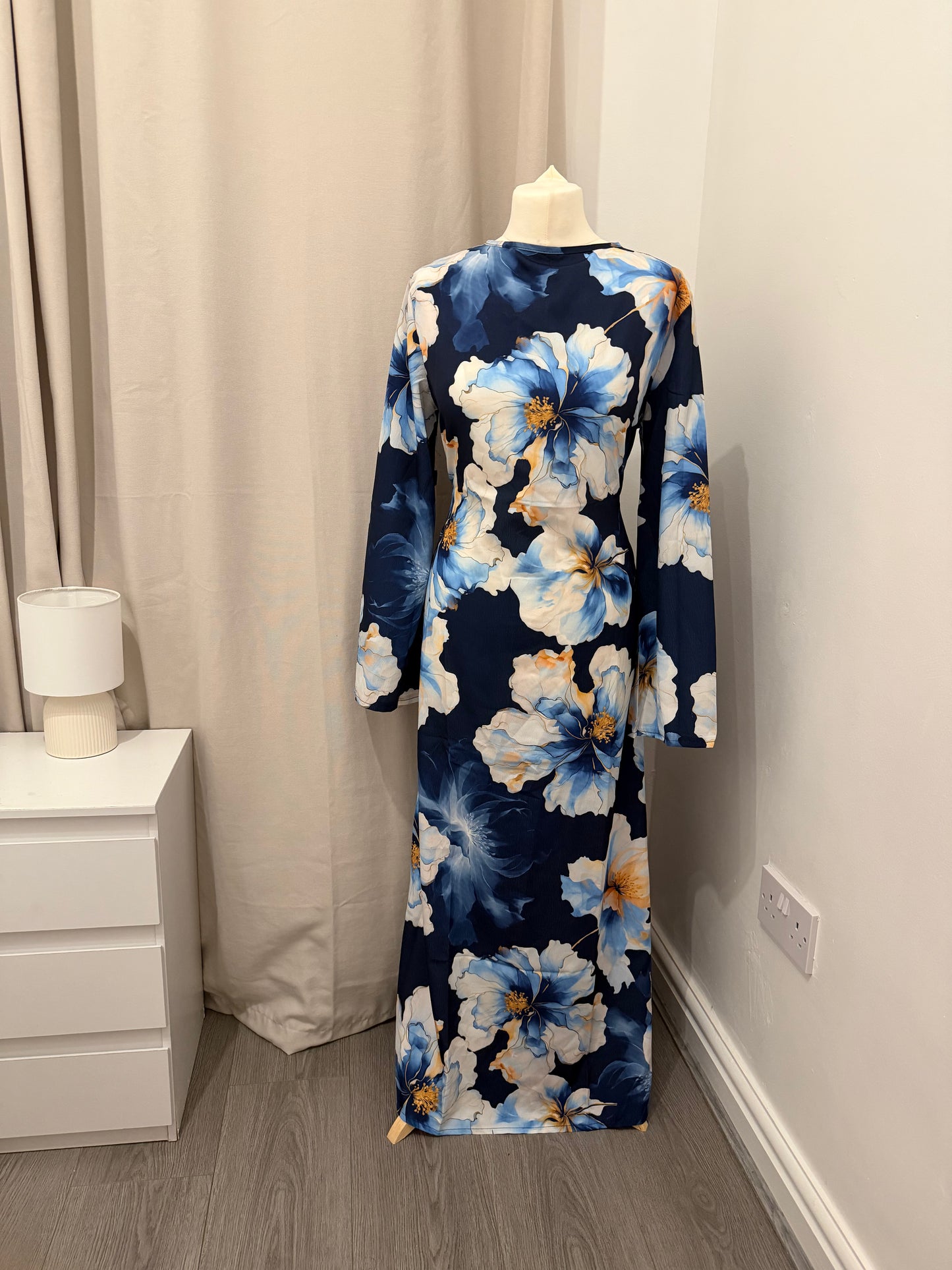 Navy Blue Floral Abaya Dress with Flared Sleeves