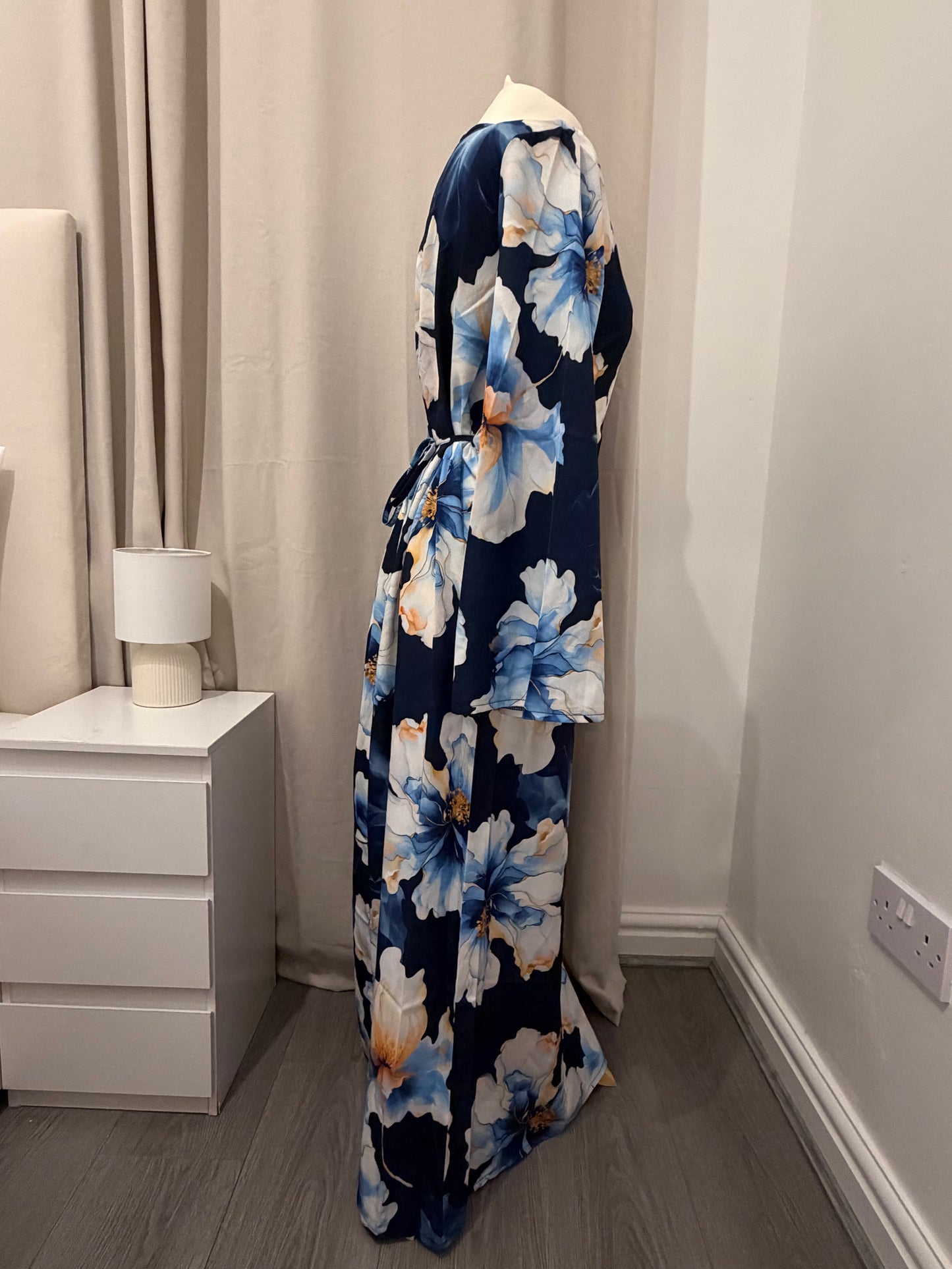 Navy Blue Floral Abaya Dress with Flared Sleeves
