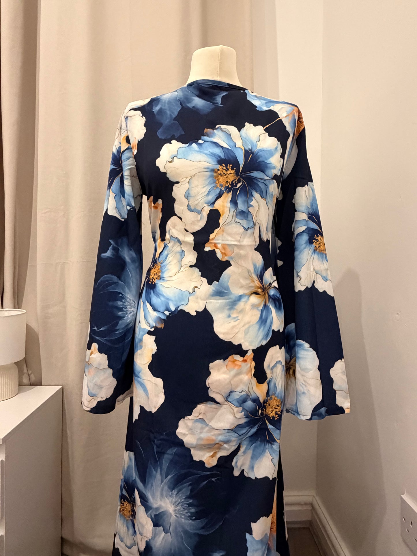 Navy Blue Floral Abaya Dress with Flared Sleeves
