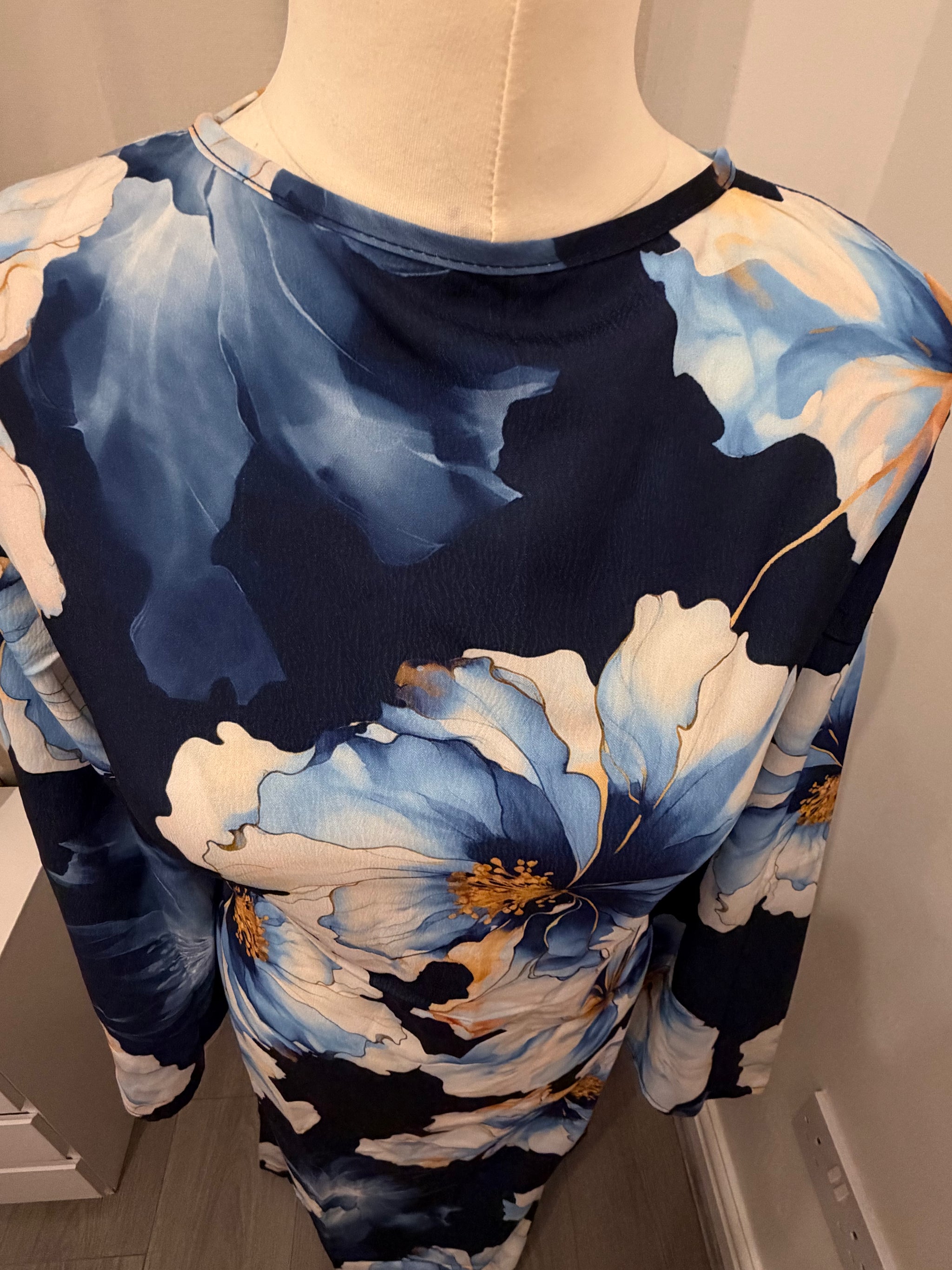 Navy Blue Floral Abaya Dress with Flared Sleeves