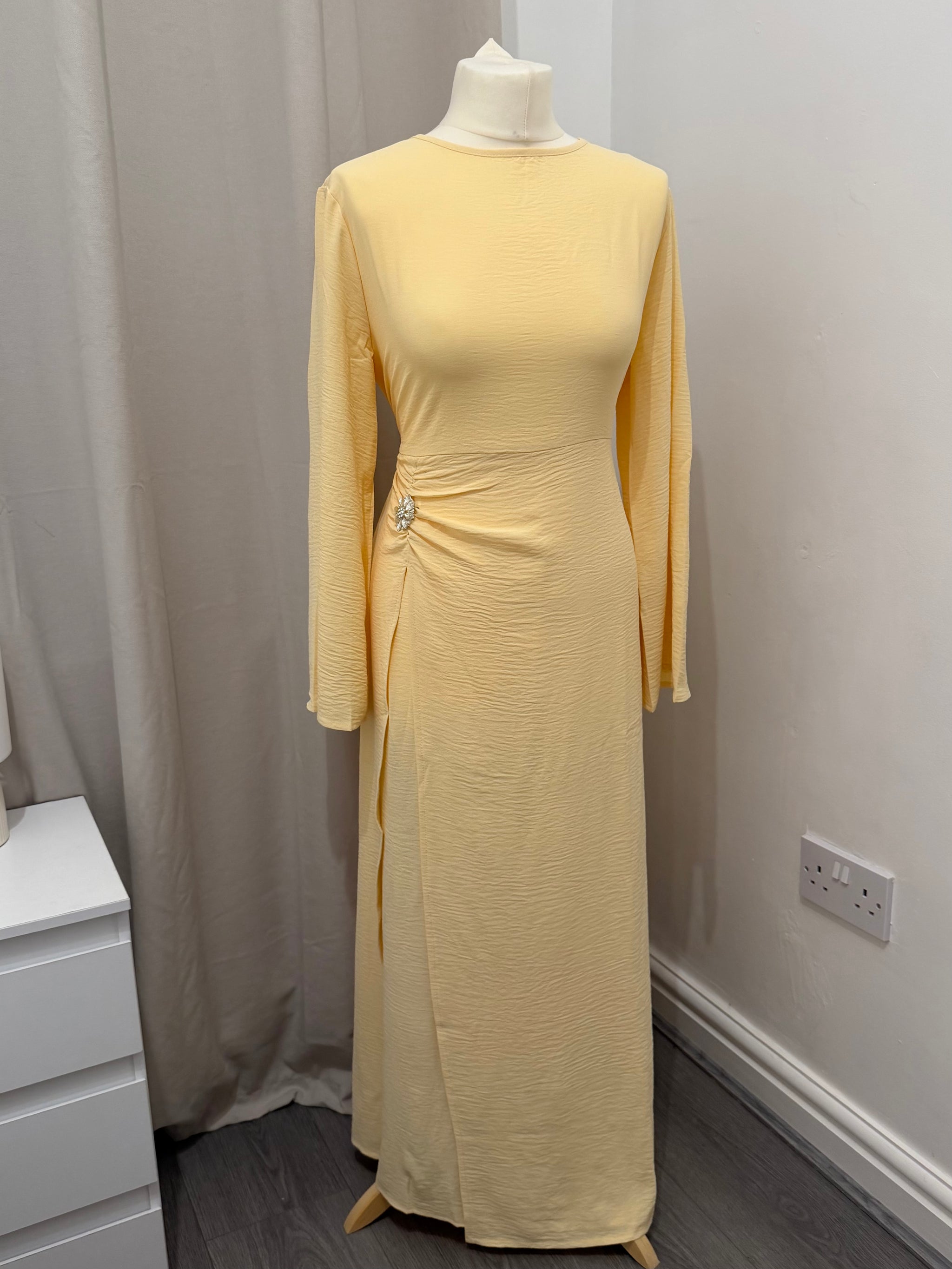 Butter Yellow Ruched Waist Modest Maxi Dress