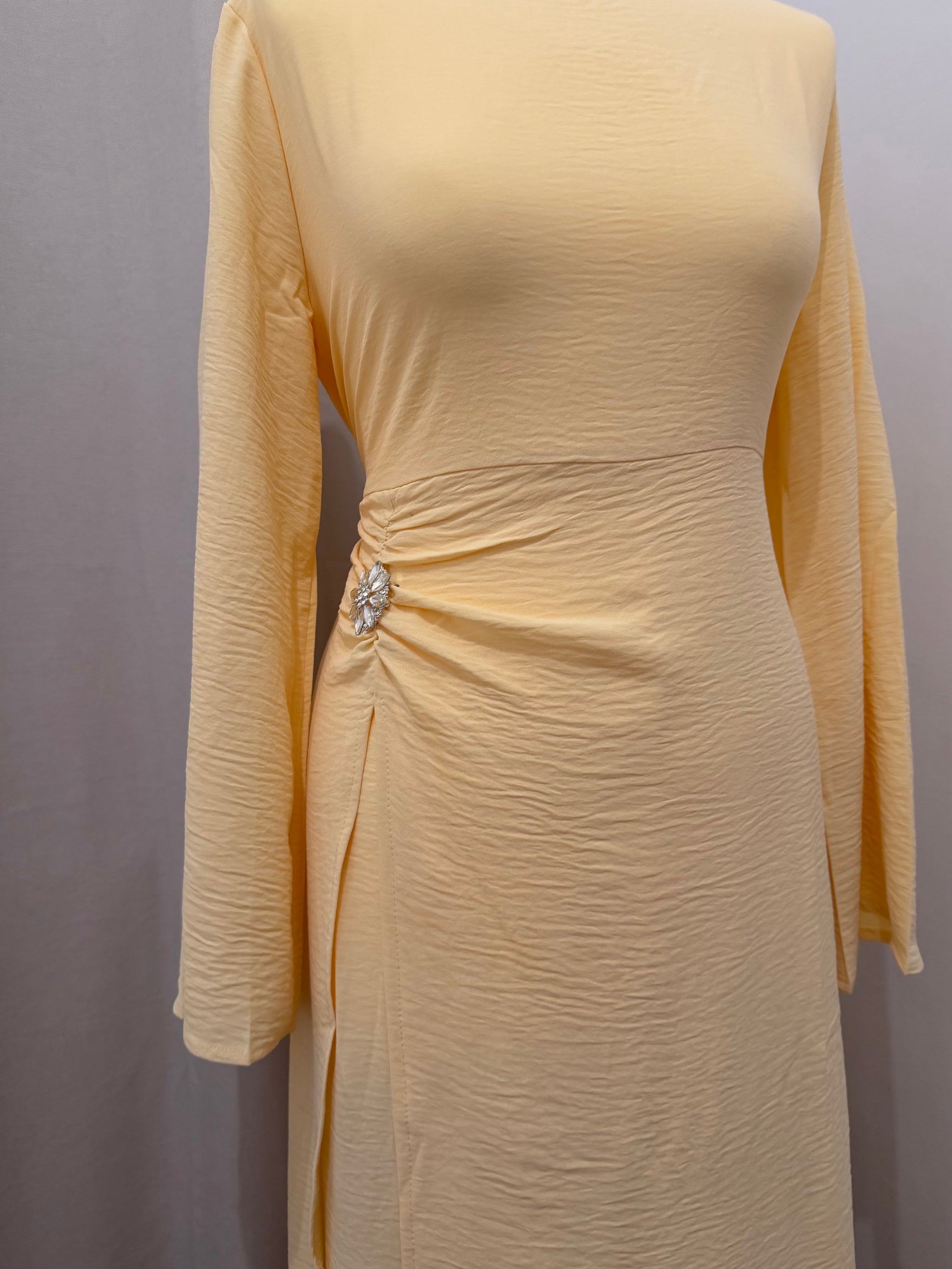 Butter Yellow Ruched Waist Modest Maxi Dress