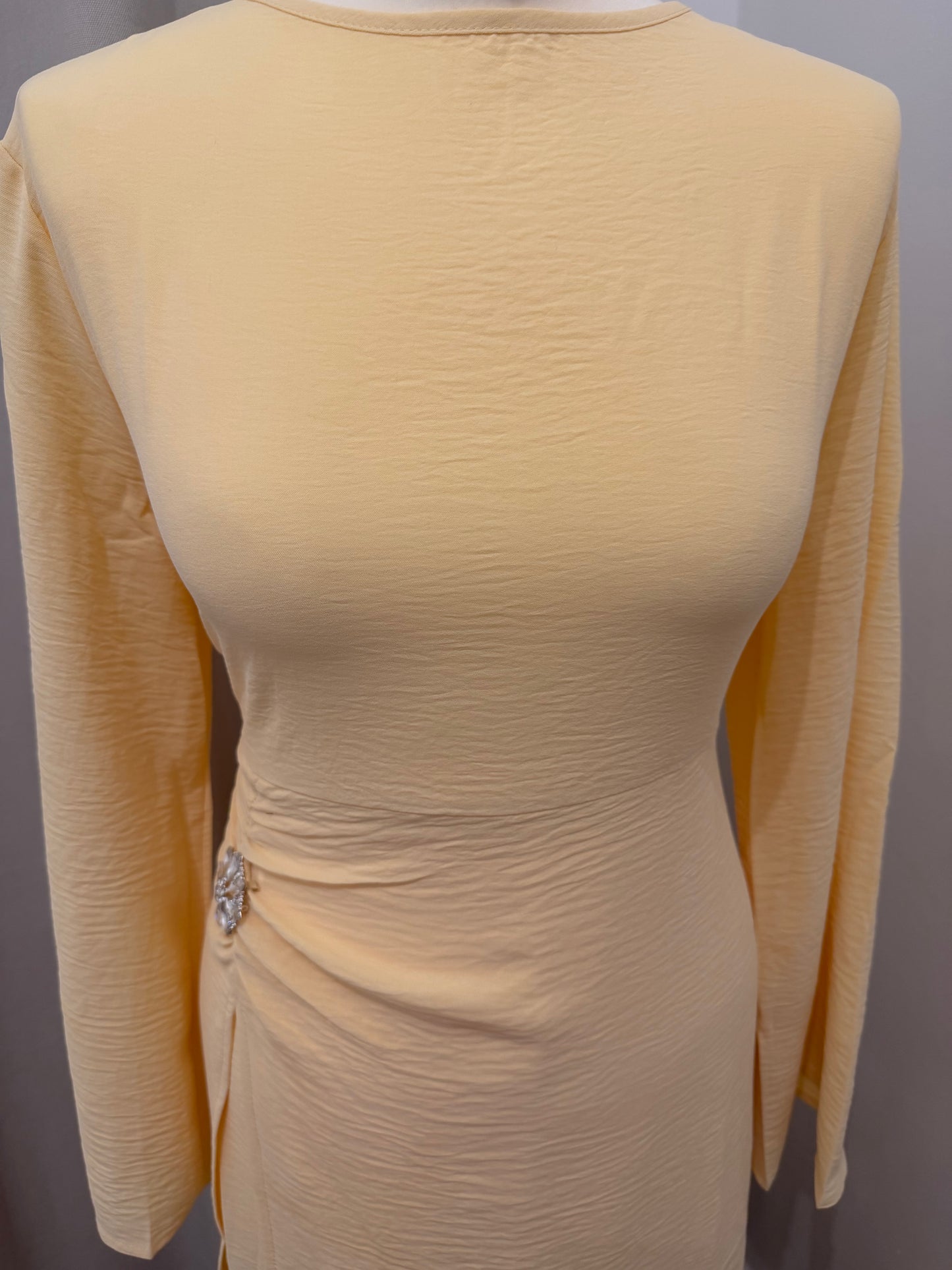 Butter Yellow Ruched Waist Modest Maxi Dress
