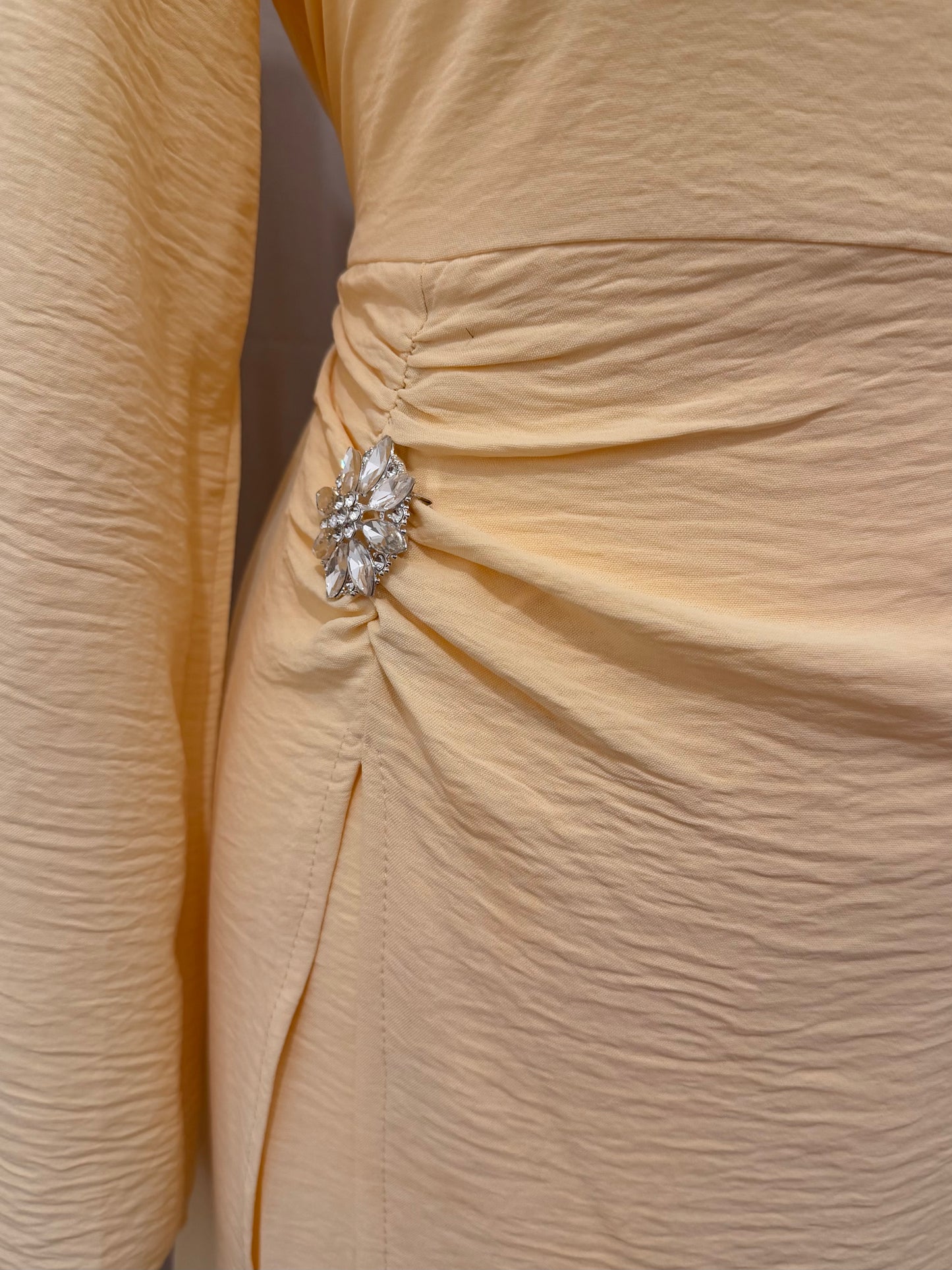 Butter Yellow Ruched Waist Modest Maxi Dress