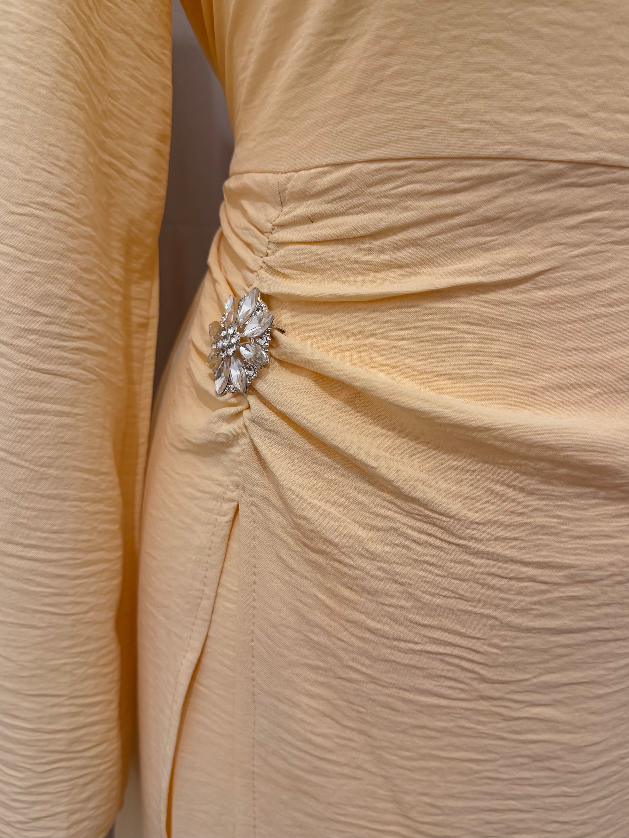 Butter Yellow Ruched Waist Modest Maxi Dress