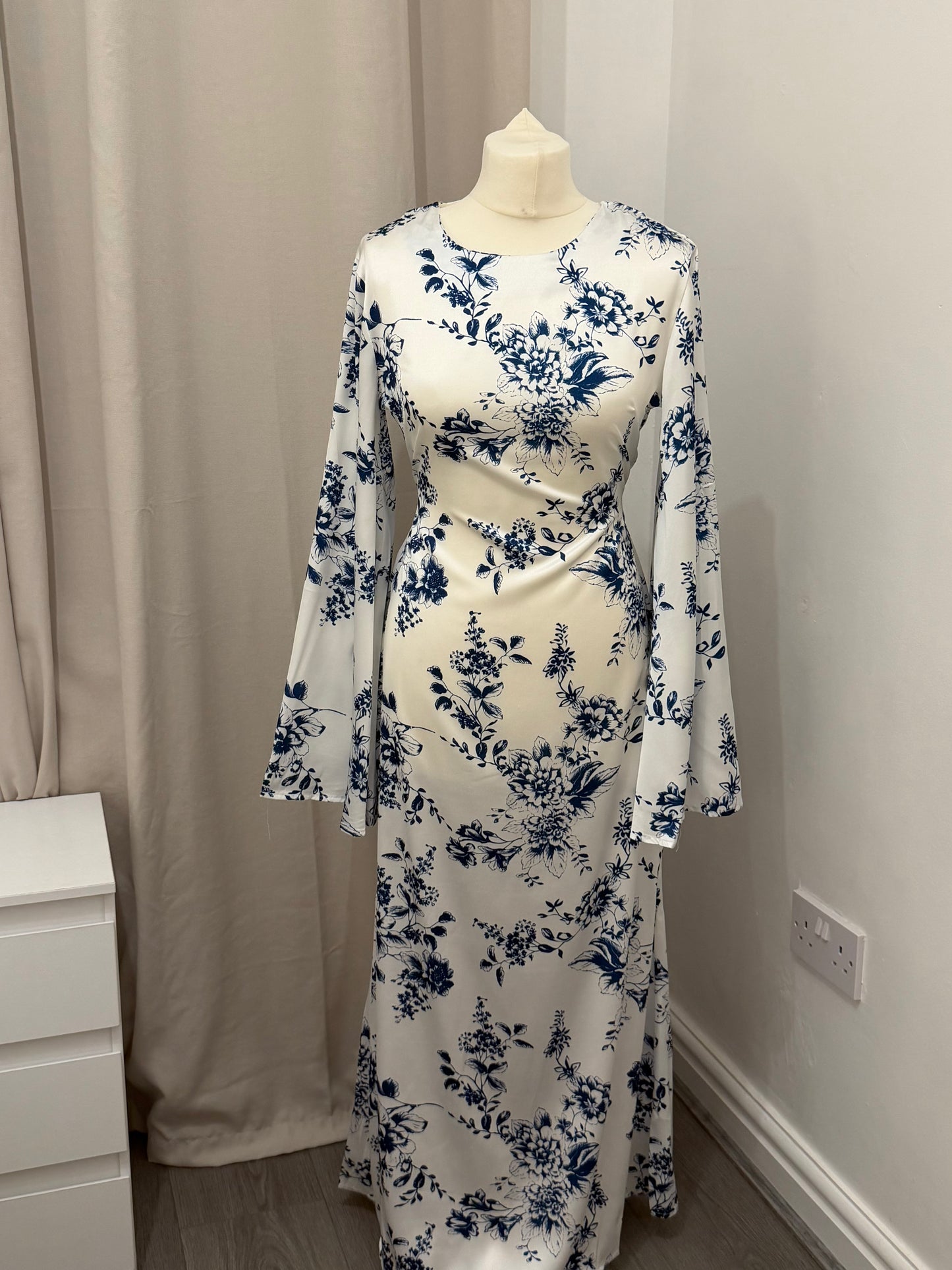 White & Blue Floral Satin Silk Tie Back Abaya Dress