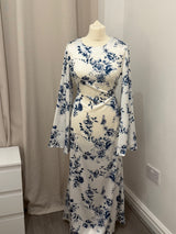 White & Blue Floral Satin Silk Tie Back Abaya Dress