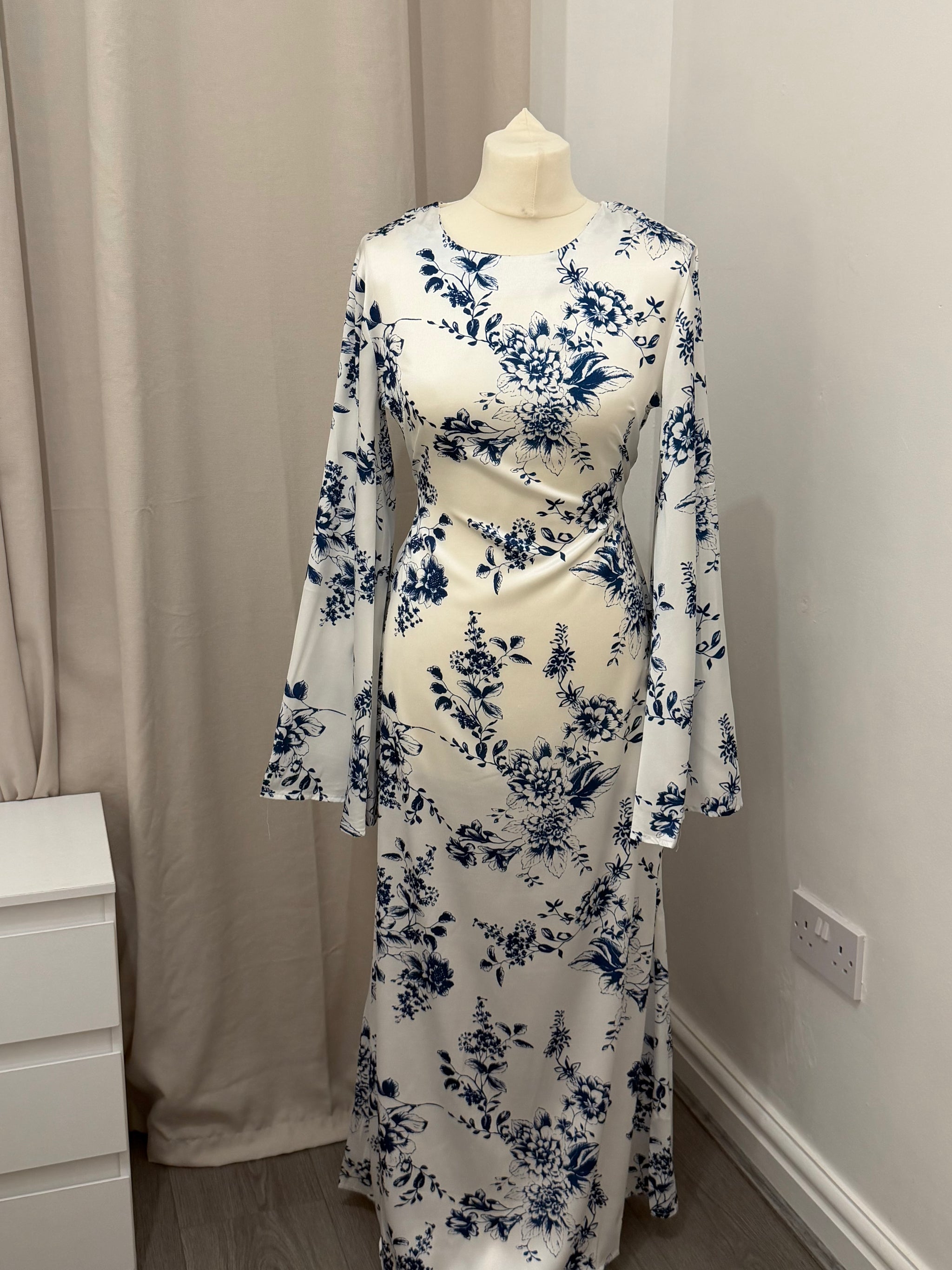 White & Blue Floral Satin Silk Tie Back Abaya Dress