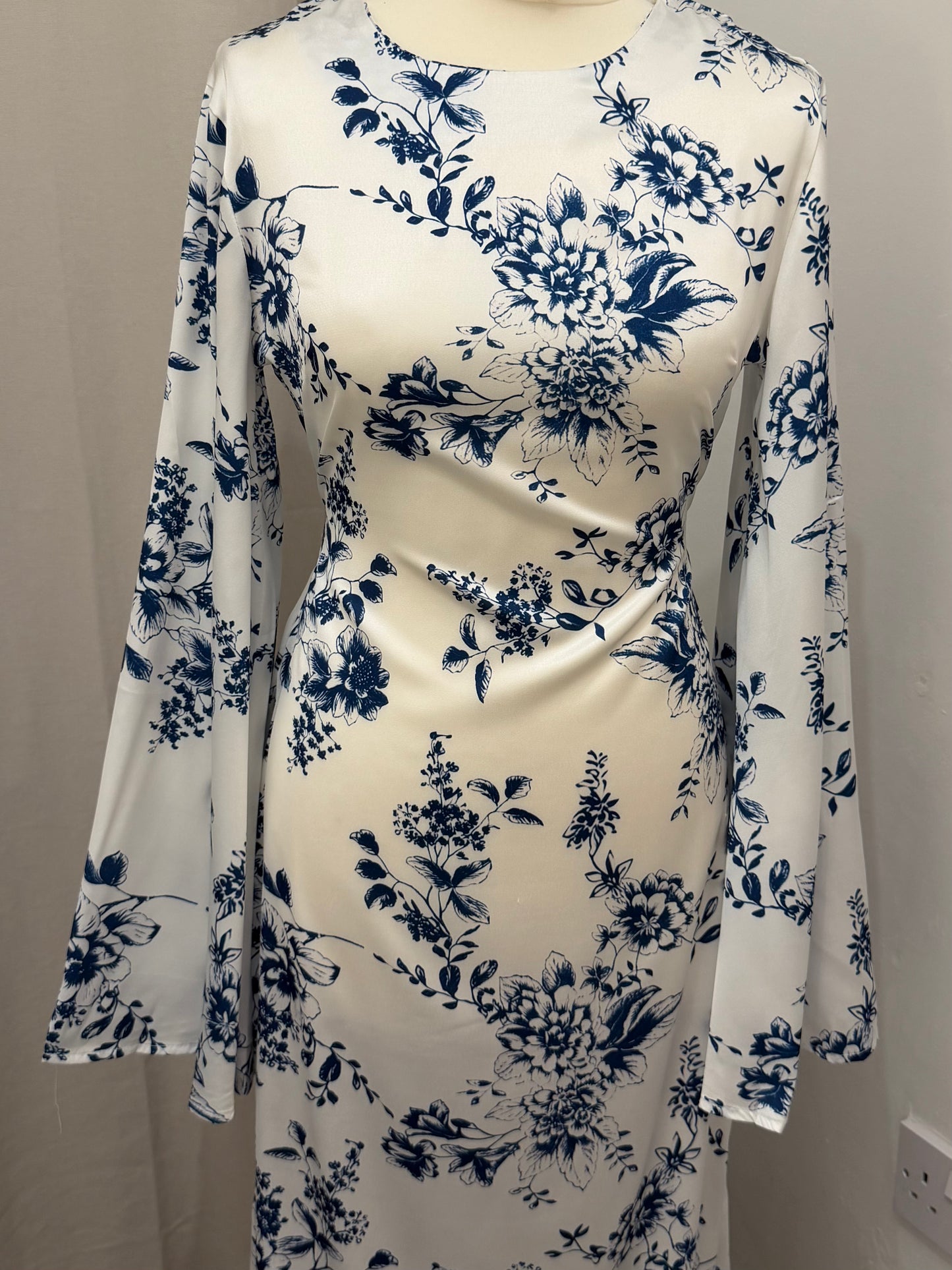 White & Blue Floral Satin Silk Tie Back Abaya Dress