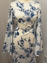 White & Blue Floral Satin Silk Tie Back Abaya Dress
