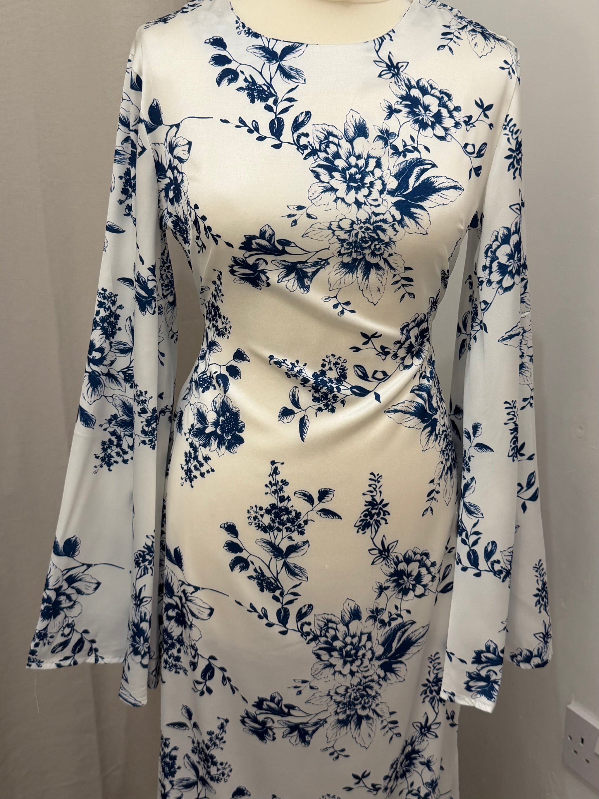 White & Blue Floral Satin Silk Tie Back Abaya Dress
